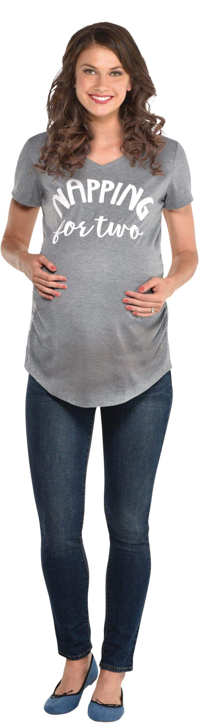 Women's "Napping for Two" Maternity T-Shirt, Grey, Assorted Sizes, Wearable Accessory for Baby Shower/Gender Reveal Front_Flat