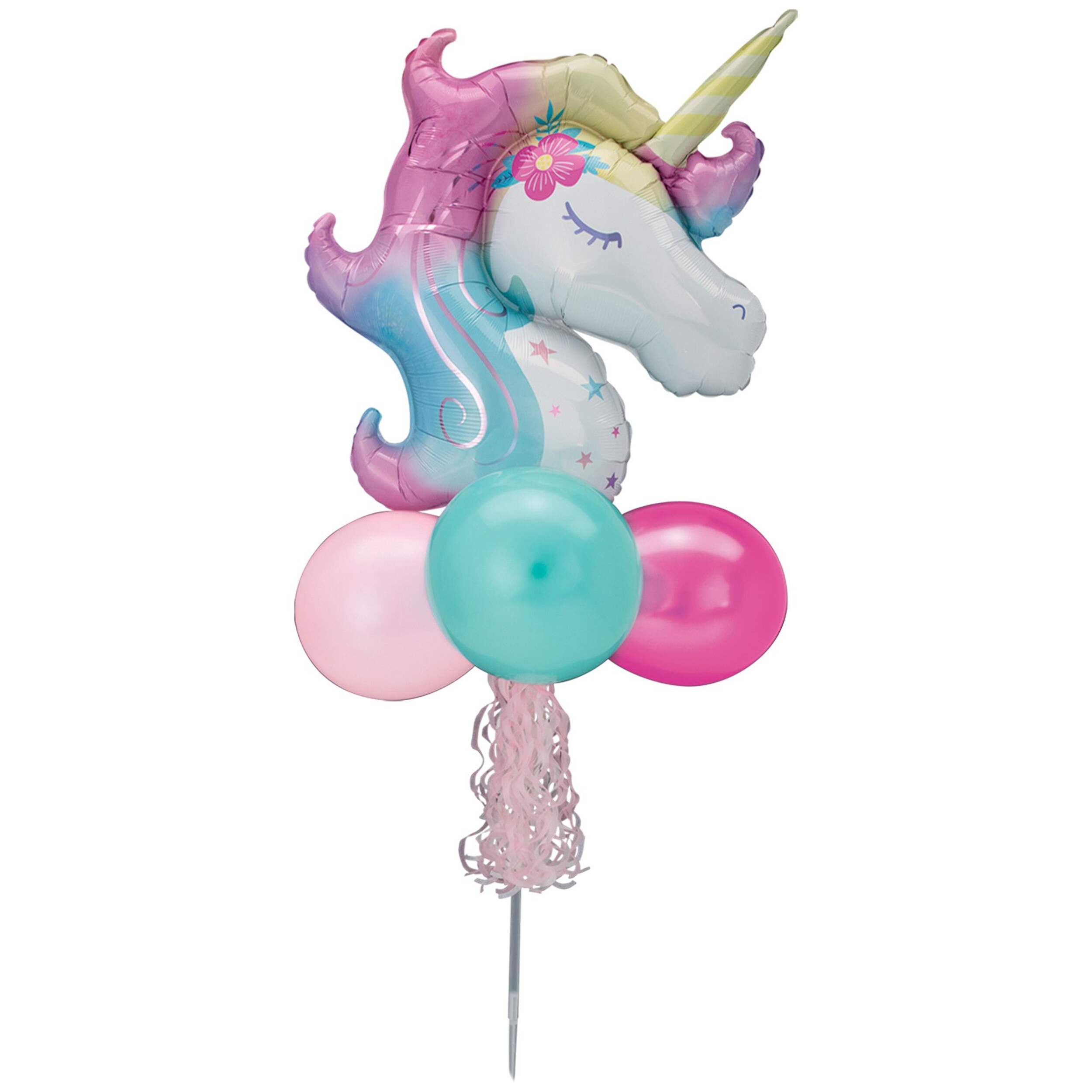 Unicorn Round Balloon Yard Sign with Ribbon & Latex Balloons, Pink/White, 62-in, for Birthday Party Front_Flat
