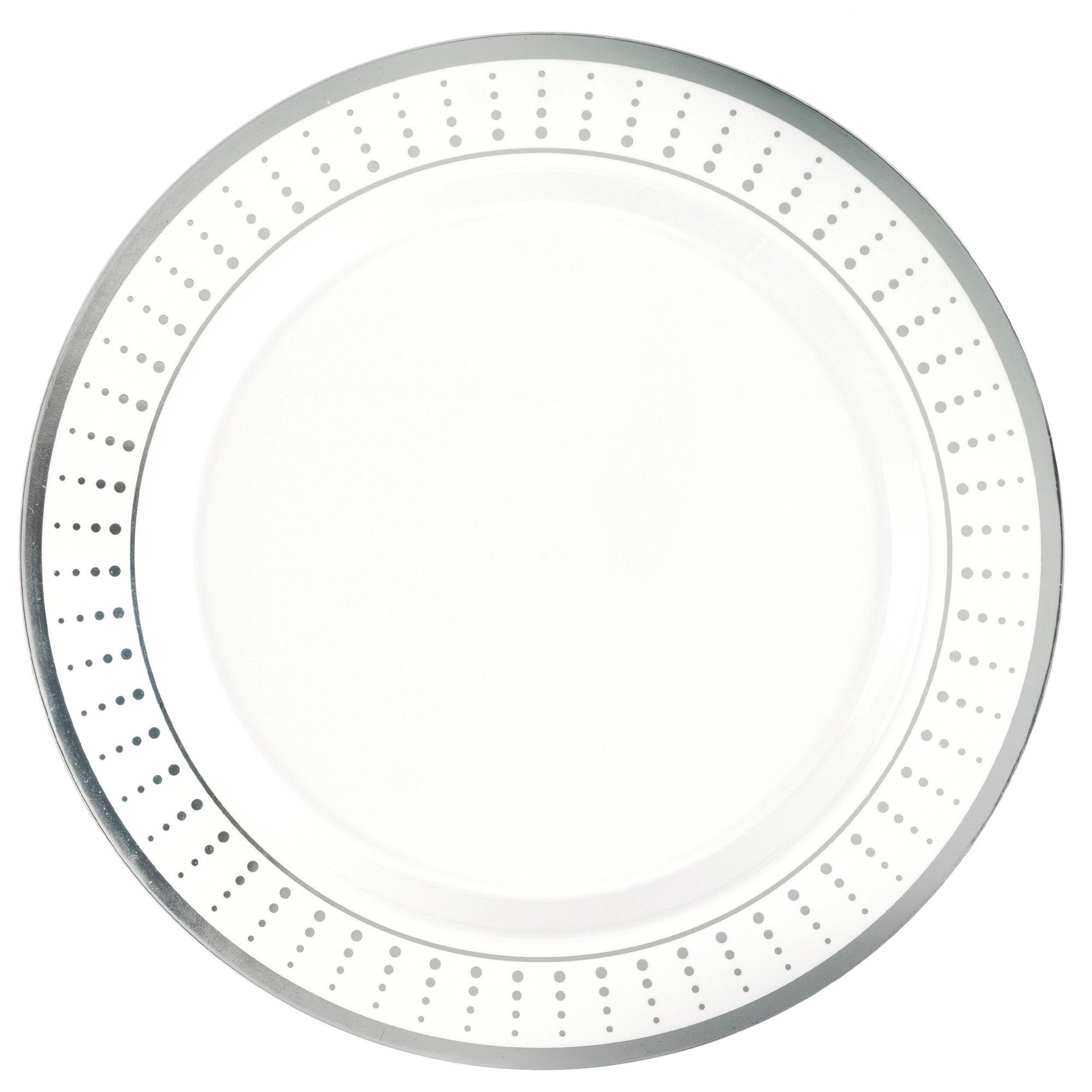 Round Bordered Trimmed Plastic Reusable Dinner Plates, Silver/White, 10-in, 20-pk, for Christmas/Thanksgiving/New Year's Eve/Easter/Birthday Overhead_Flat