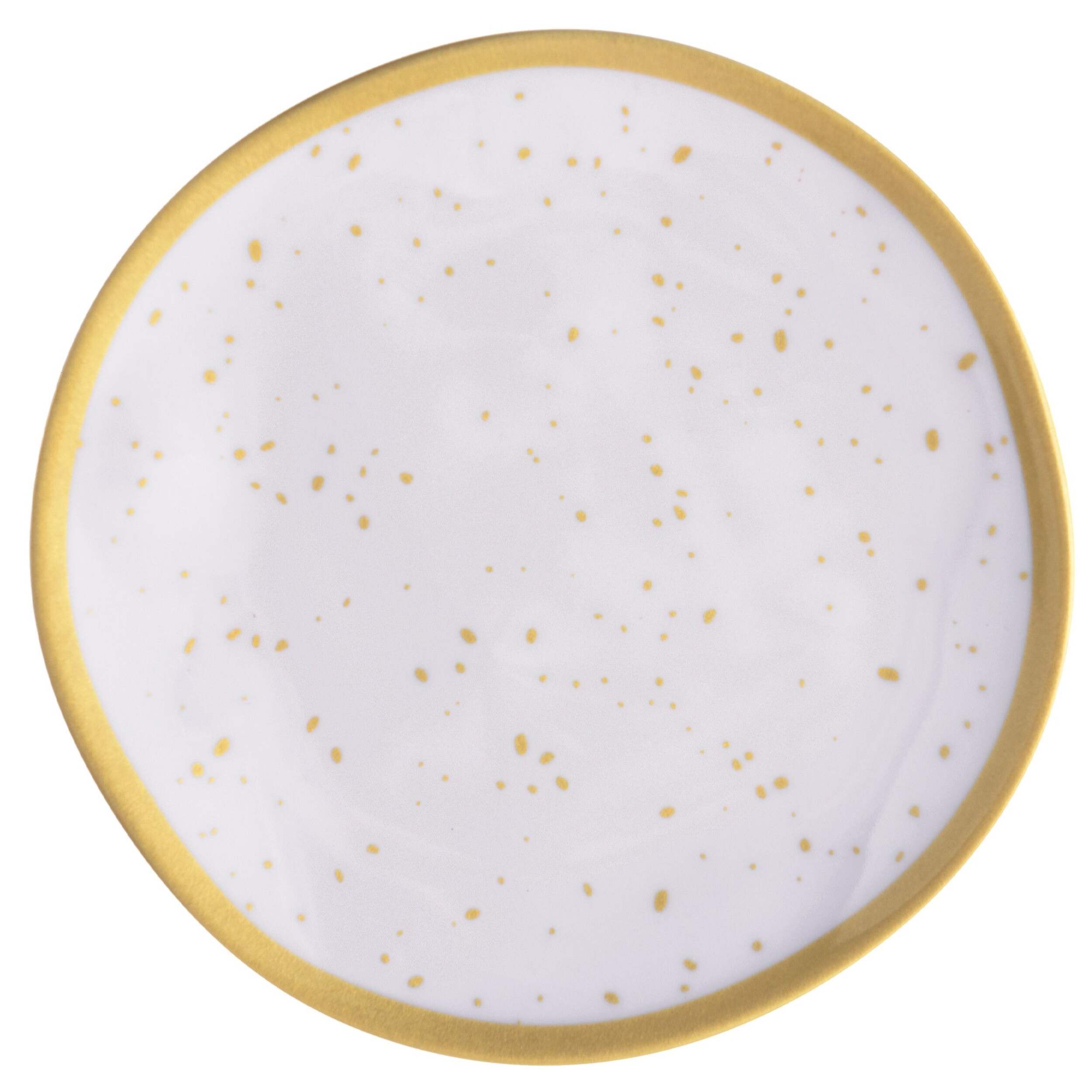 Round Plastic Melamine Reusable Dinner Plate, Gold/White, Spotted, 10.5-in, for Christmas/Thanksgiving/New Year's Eve/Easter/Birthday Party Overhead_Flat