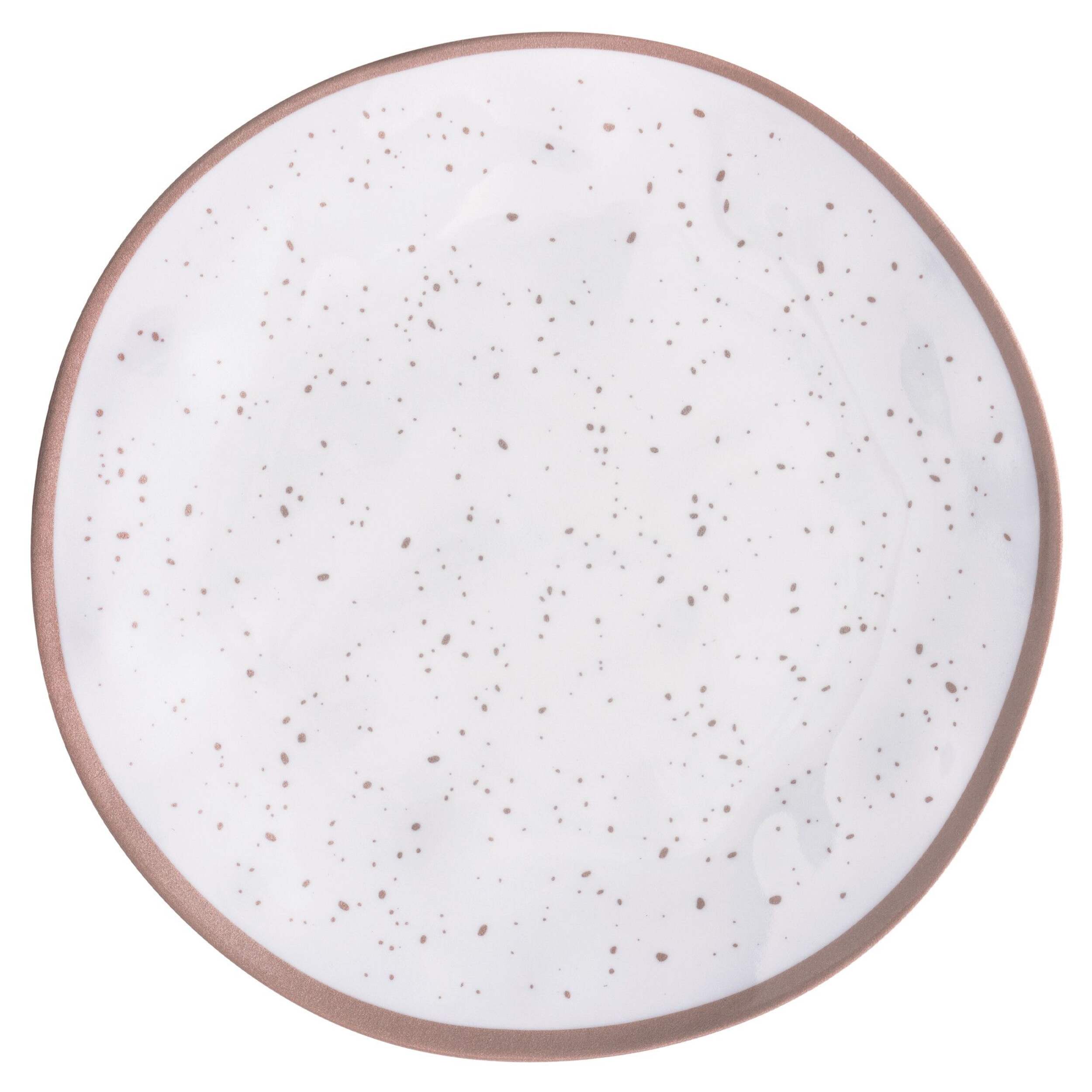 Round Plastic Melamine Reusable Dinner Plate, Rose Gold/White, Spotted, 10.5-in, for Christmas/Thanksgiving/New Year's Eve/Easter/Birthday Party Overhead_Flat