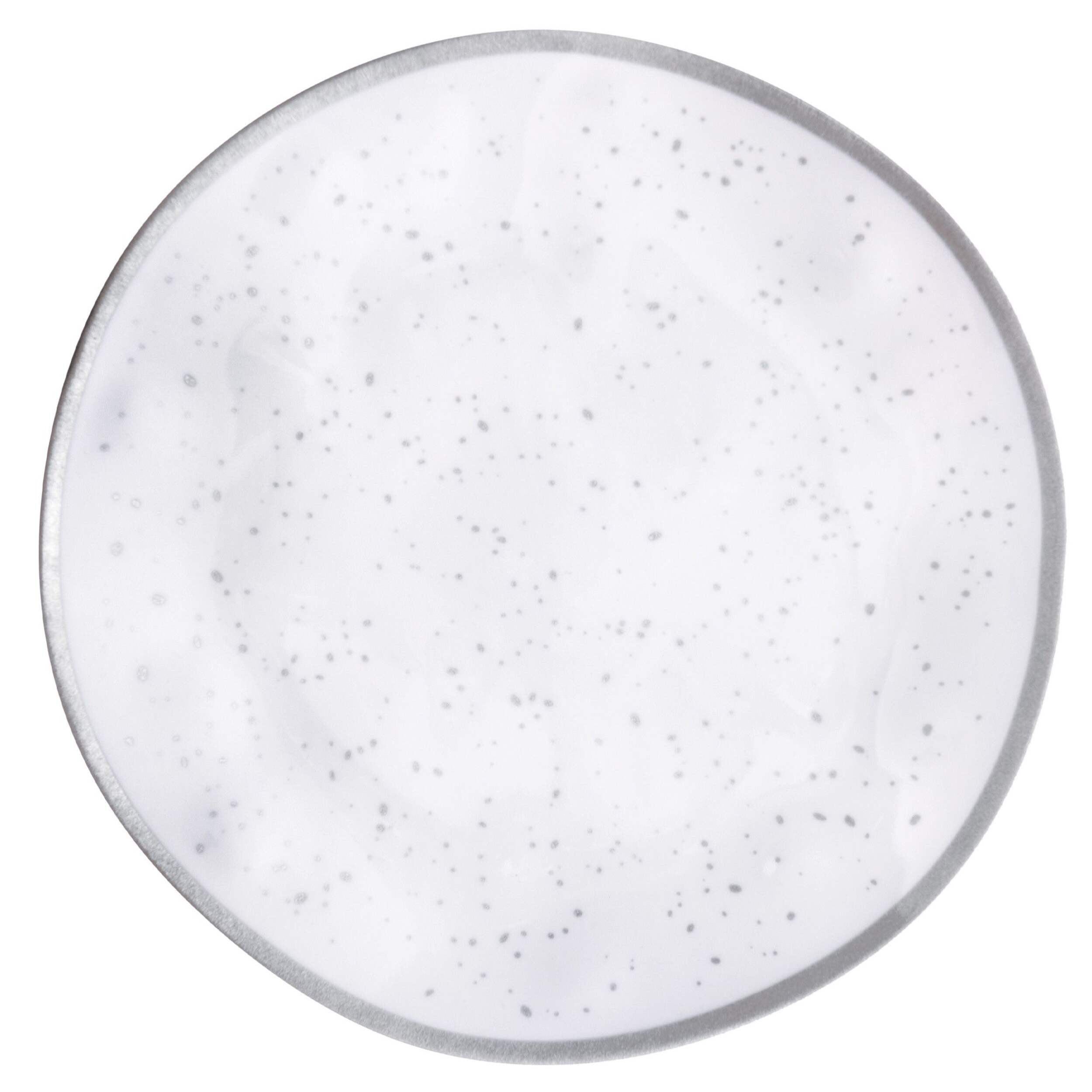Round Plastic Melamine Reusable Dinner Plate, Silver/White, Spotted, 10.5-in, for Christmas/Thanksgiving/New Year's Eve/Easter/Birthday Party Overhead_Flat