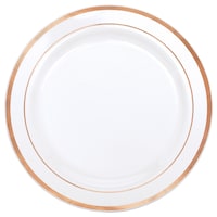 Round Bordered Trimmed Plastic Reusable Dessert Plates, Rose Gold/White, 6-in, 20-pk, for Christmas/Thanksgiving/New Year's Eve/Birthday Party Overhead_Flat