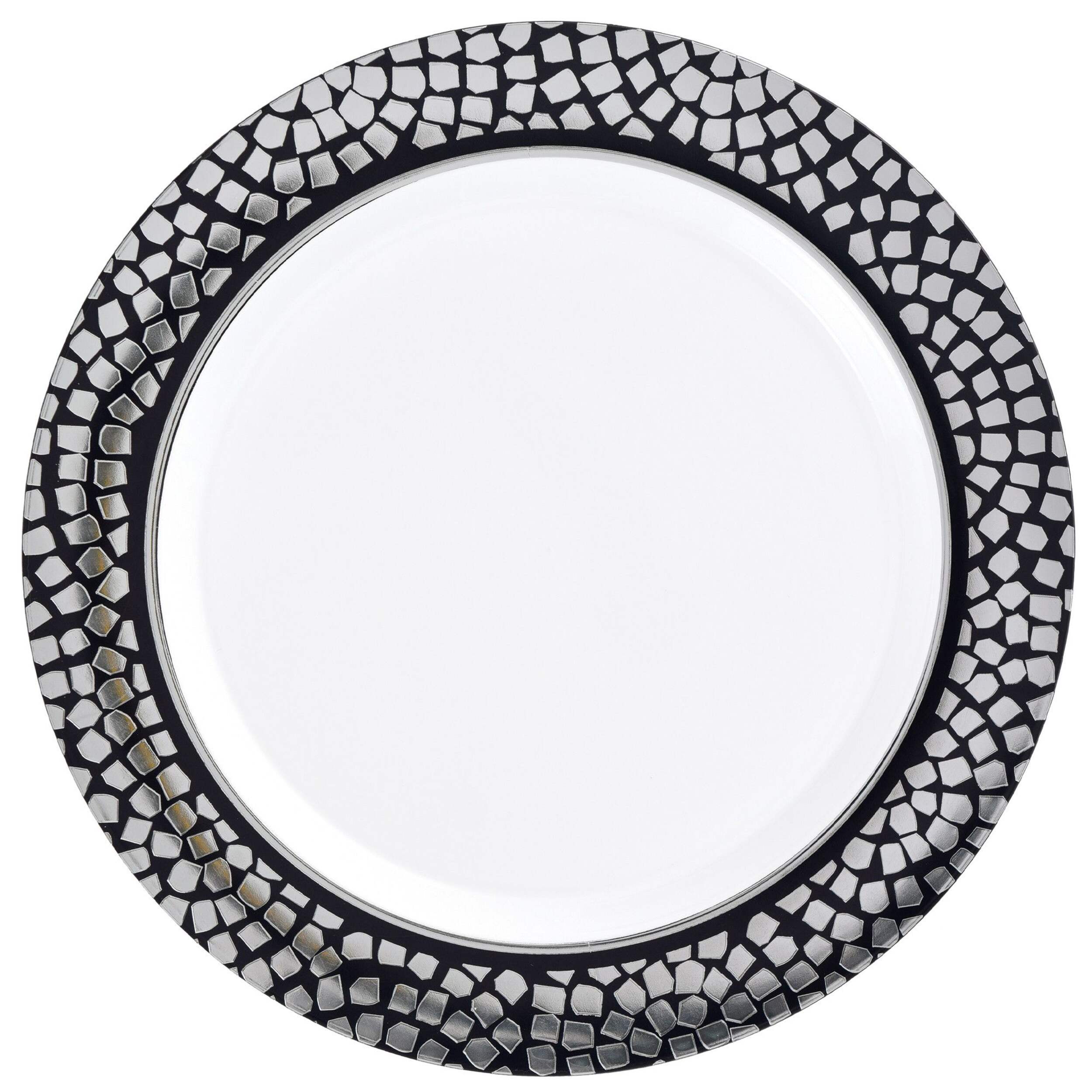 Round Bordered Plastic Reusable Dessert Plates, Silver/Black, Mosaic, 7.5-in, 20-pk, for Christmas/Thanksgiving/New Year's Eve/Birthday Party Overhead_Flat