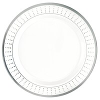 Round Bordered Plastic Reusable Dessert Plates, Silver/White, Polka Dot, 7.5-in, 20-pk, for Christmas/Thanksgiving/New Year's Eve/Birthday Party Overhead_Flat