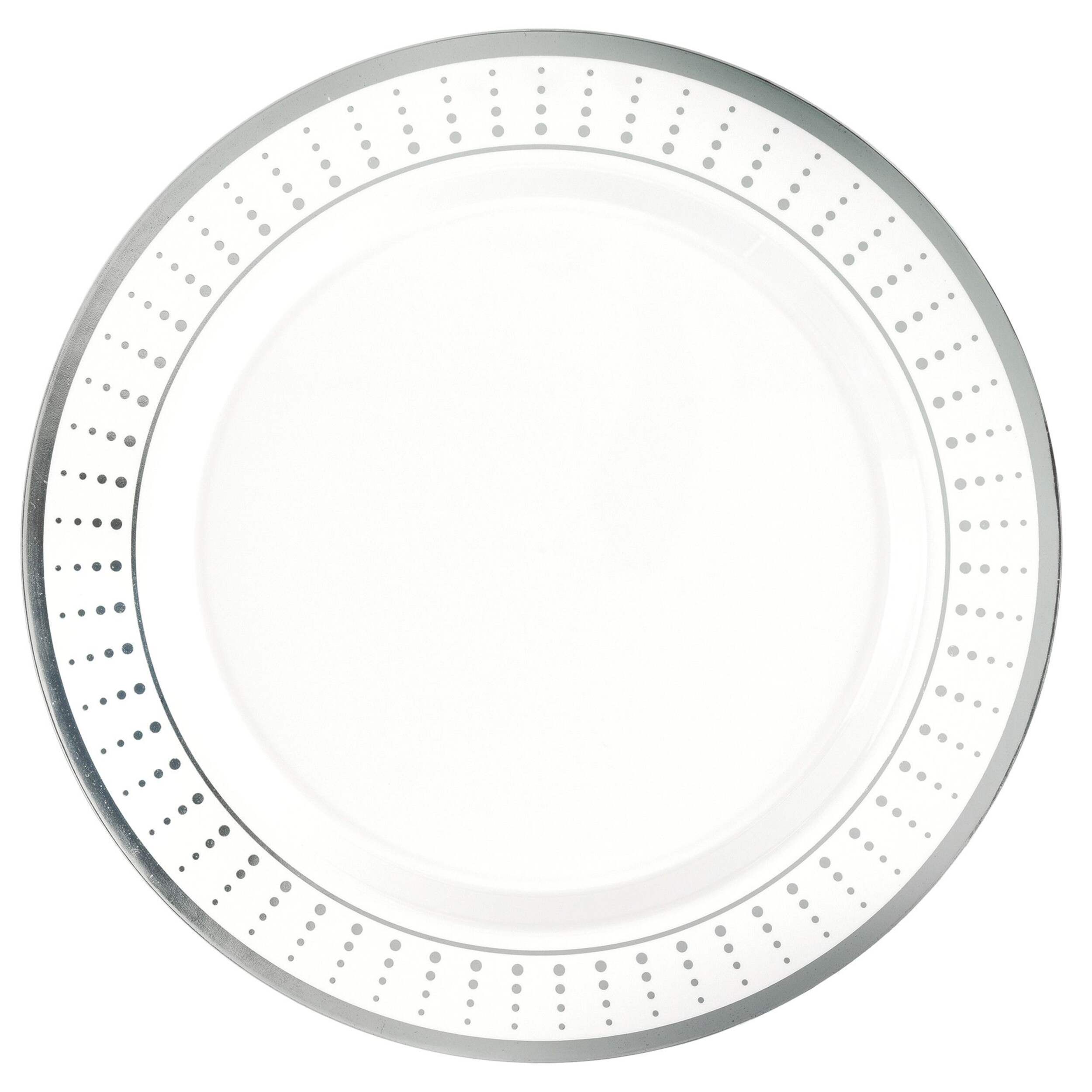 Round Bordered Plastic Reusable Dessert Plates, Silver/White, Polka Dot, 7.5-in, 20-pk, for Christmas/Thanksgiving/New Year's Eve/Birthday Party Overhead_Flat