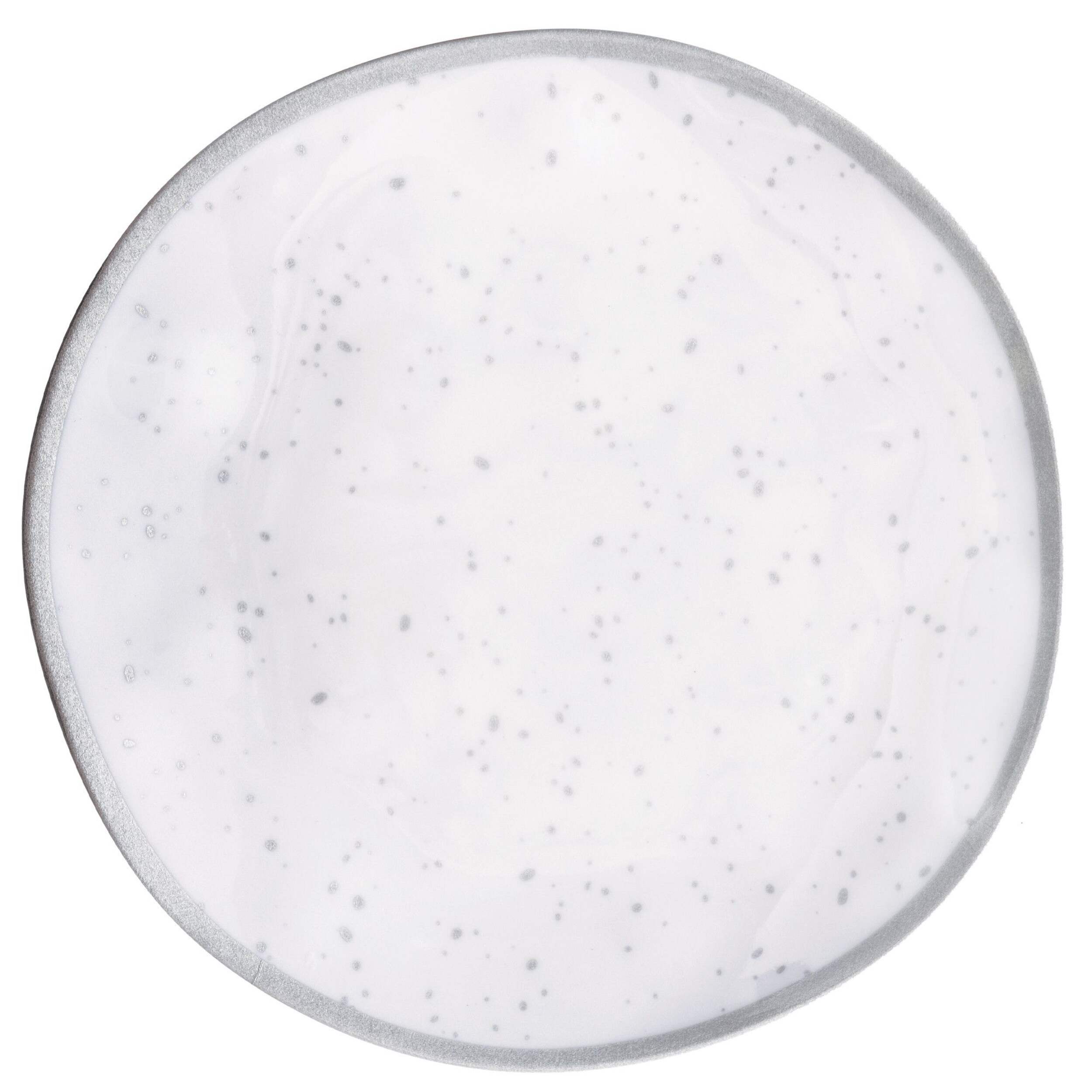 Round Plastic Melamine Reusable Dessert Plate, Silver/White, Spotted, 6-in, for Christmas/Thanksgiving/New Year's Eve/Easter/Birthday Party Overhead_Flat