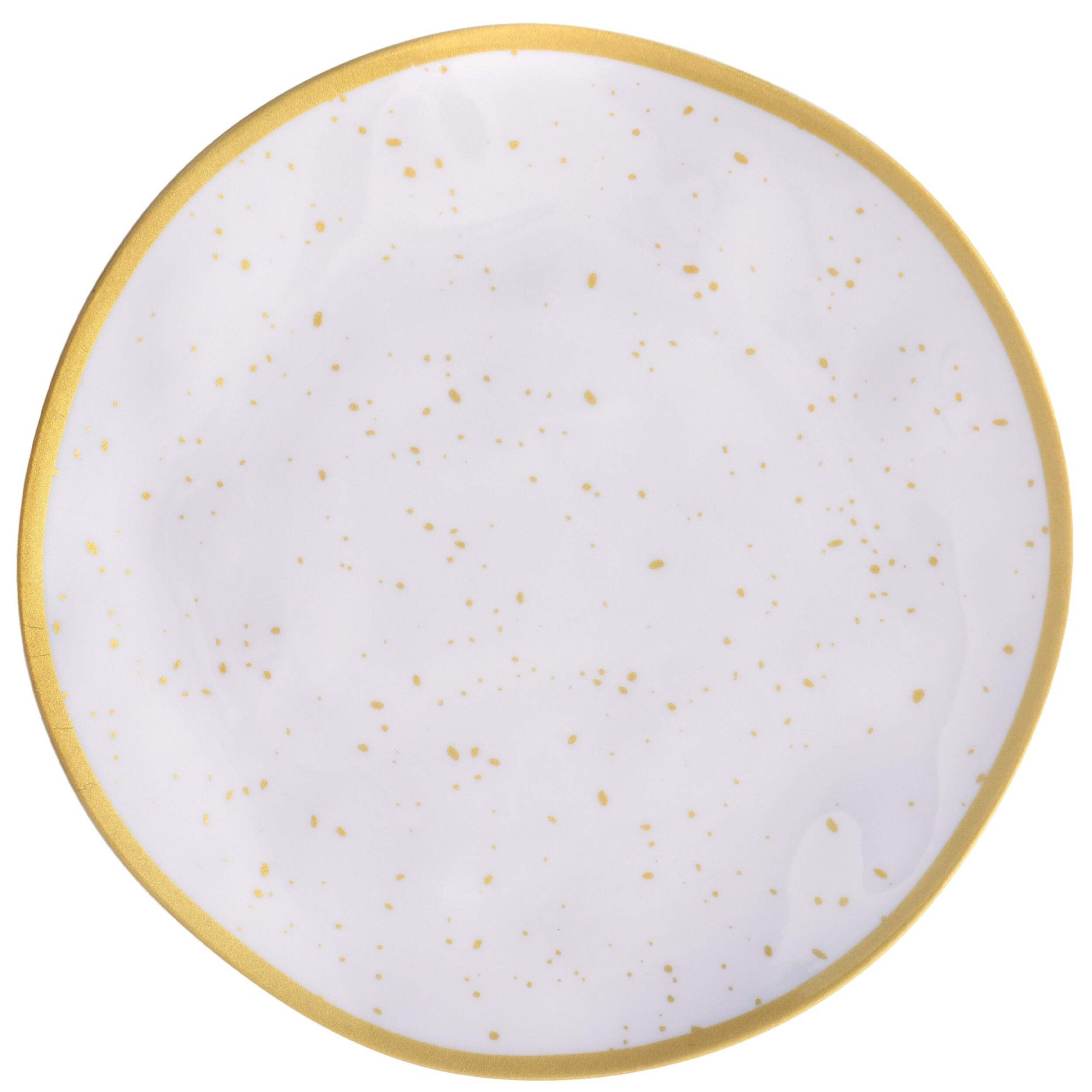 Round Plastic Melamine Reusable Dessert Plate, Gold/White, Spotted, 6-in, for Christmas/Thanksgiving/New Year's Eve/Easter/Birthday Party Overhead_Flat