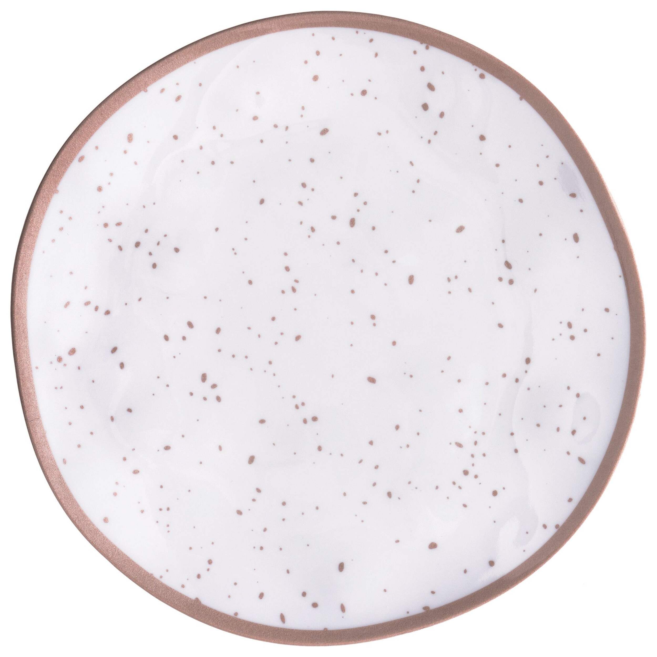 Round Plastic Melamine Reusable Dessert Plate, Rose Gold/White, Spotted, 6-in, for Christmas/Thanksgiving/New Year's Eve/Easter/Birthday Party Overhead_Flat