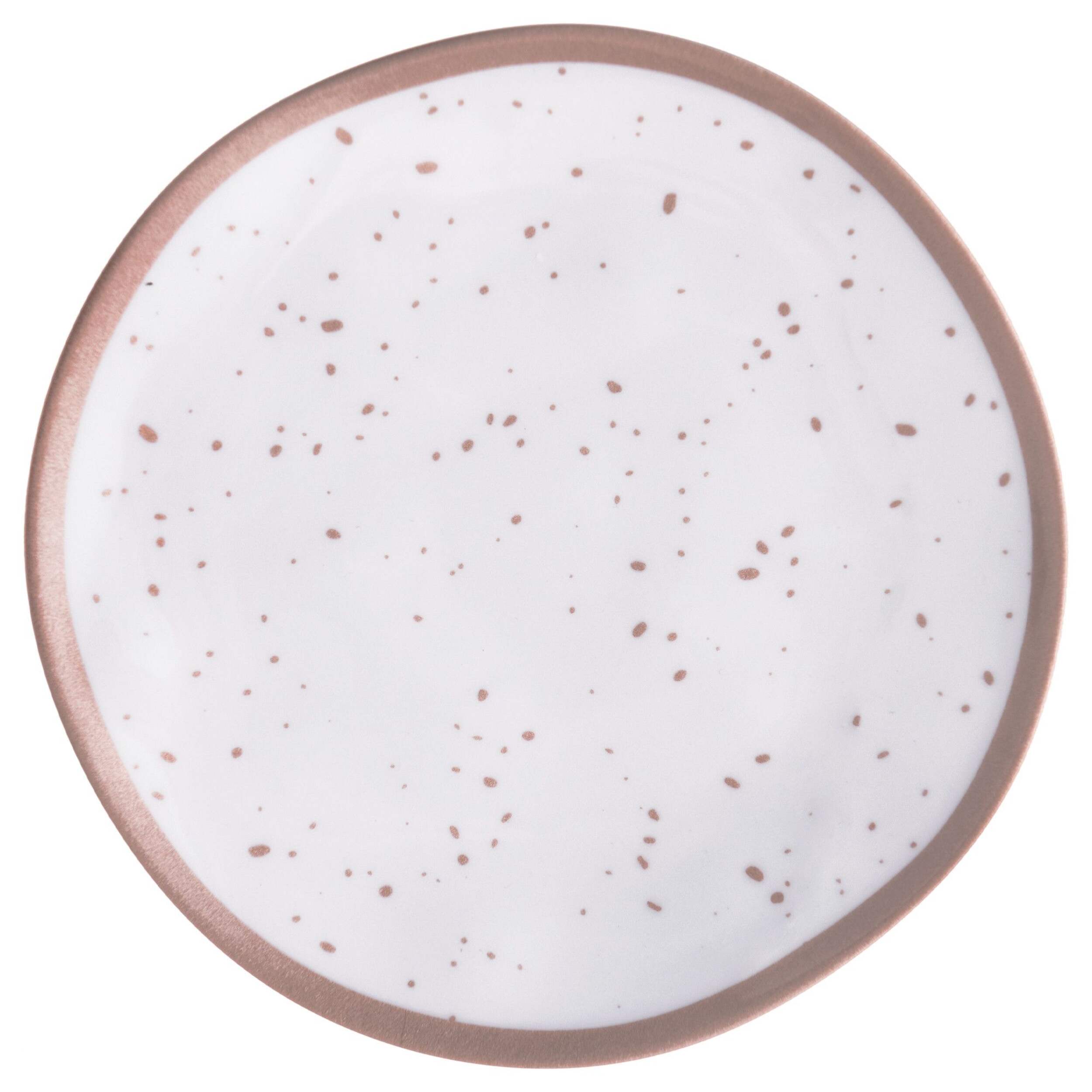 Round Plastic Melamine Reusable Lunch Plate, Rose Gold/White, Spotted, 8-in, for Christmas/Thanksgiving/New Year's Eve/Easter/Birthday Party Overhead_Flat
