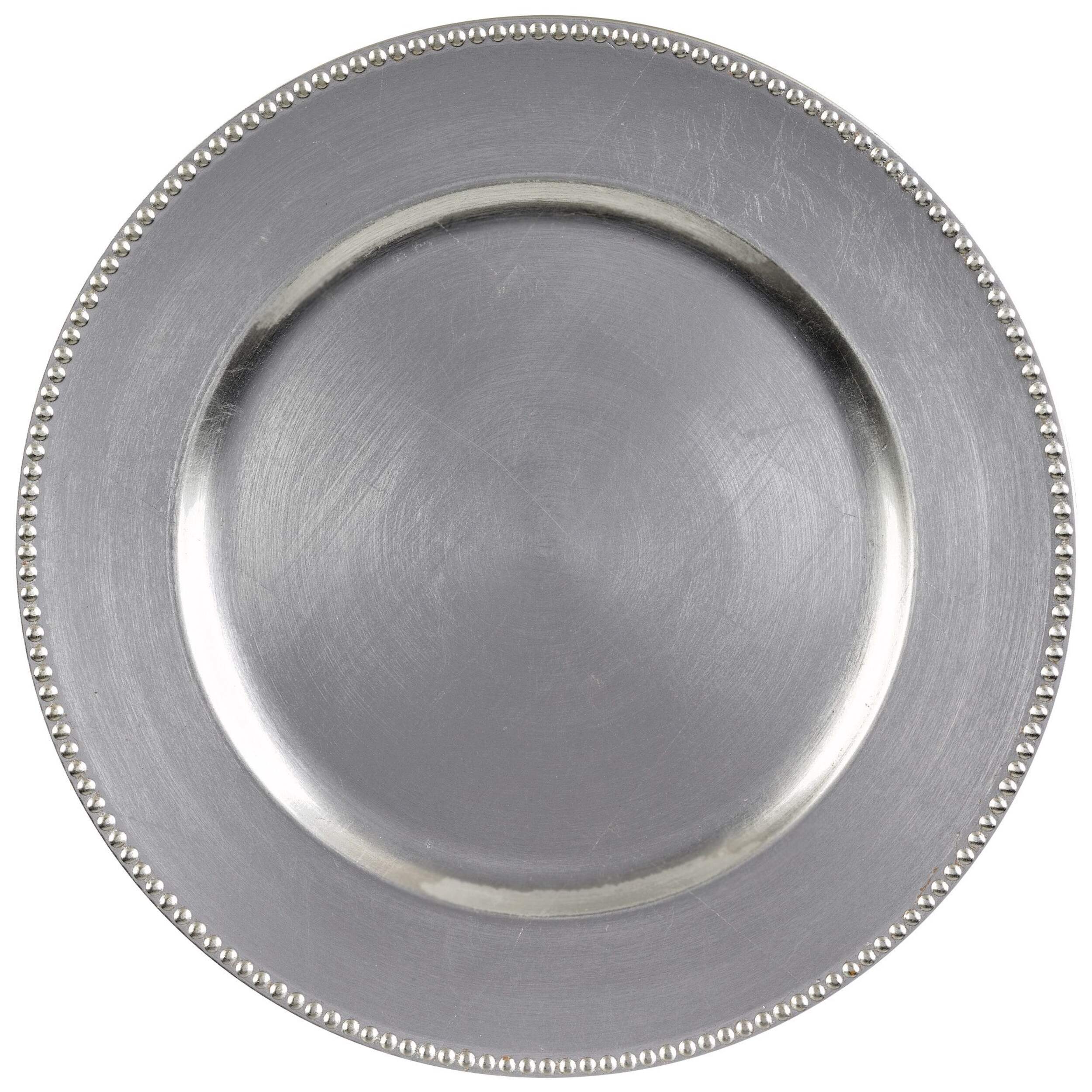 Round Plastic Reusable Charger Plates, Silver, 13-in, 4-pk, for Wedding/New Year's Eve/Christmas/Birthday Party Front_Flat