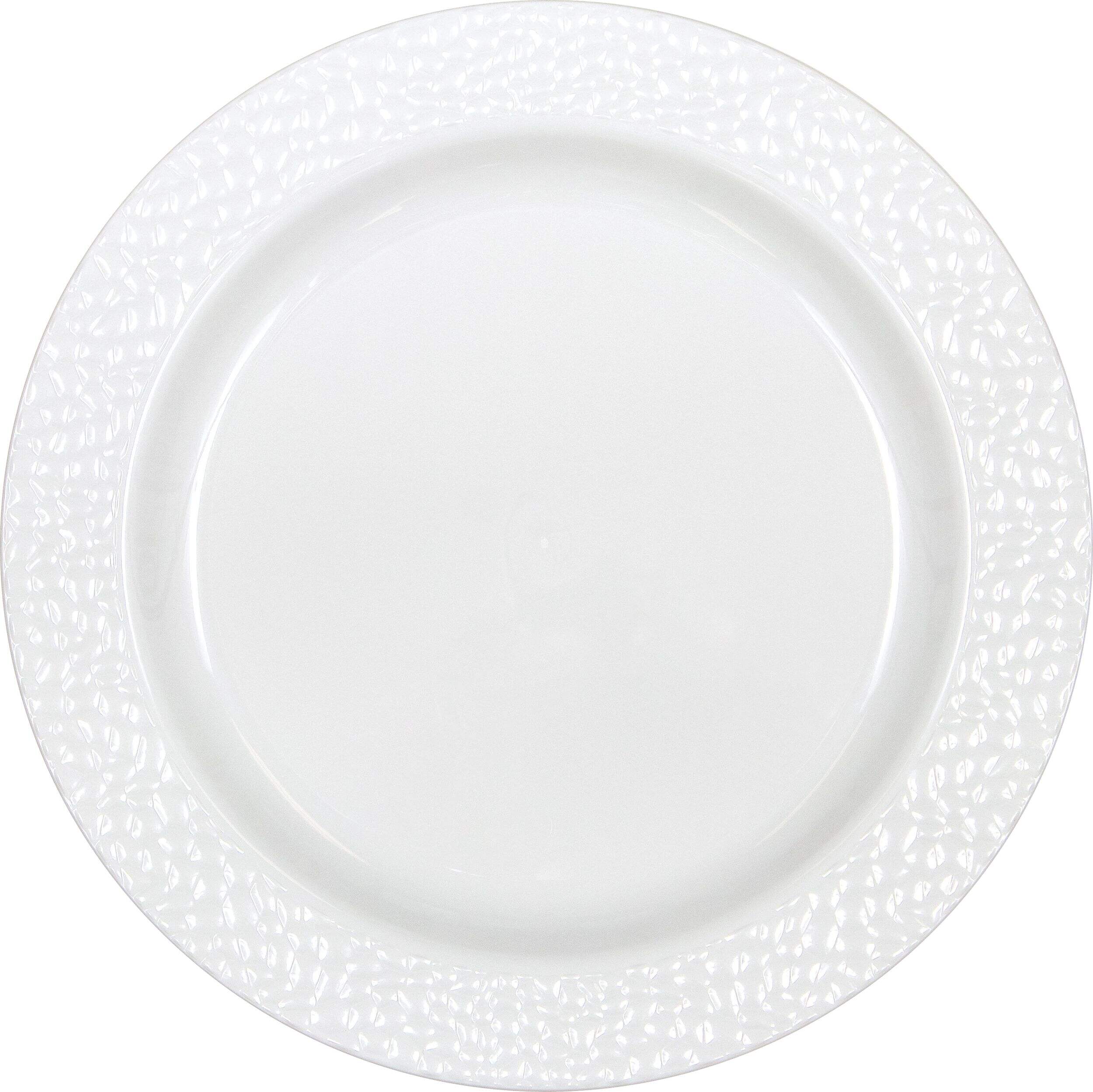 Round Hammered Plastic Reusable Dinner Plates, White, 10-in, 10-pk, for Christmas/Thanksgiving/New Year's Eve/Easter/Birthday Party Overhead_Flat