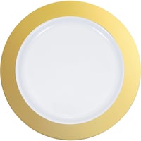 Round Bordered Trimmed Plastic Reusable Lunch Plates, Gold/White, 9-in, 10-pk, for Christmas/Thanksgiving/New Year's Eve/Birthday Party Overhead_Flat