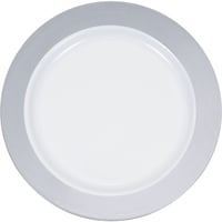 Round Bordered Trimmed Plastic Reusable Lunch Plates, Silver/White, 9-in, 10-pk, for Christmas/Thanksgiving/New Year's Eve/Birthday Party Overhead_Flat