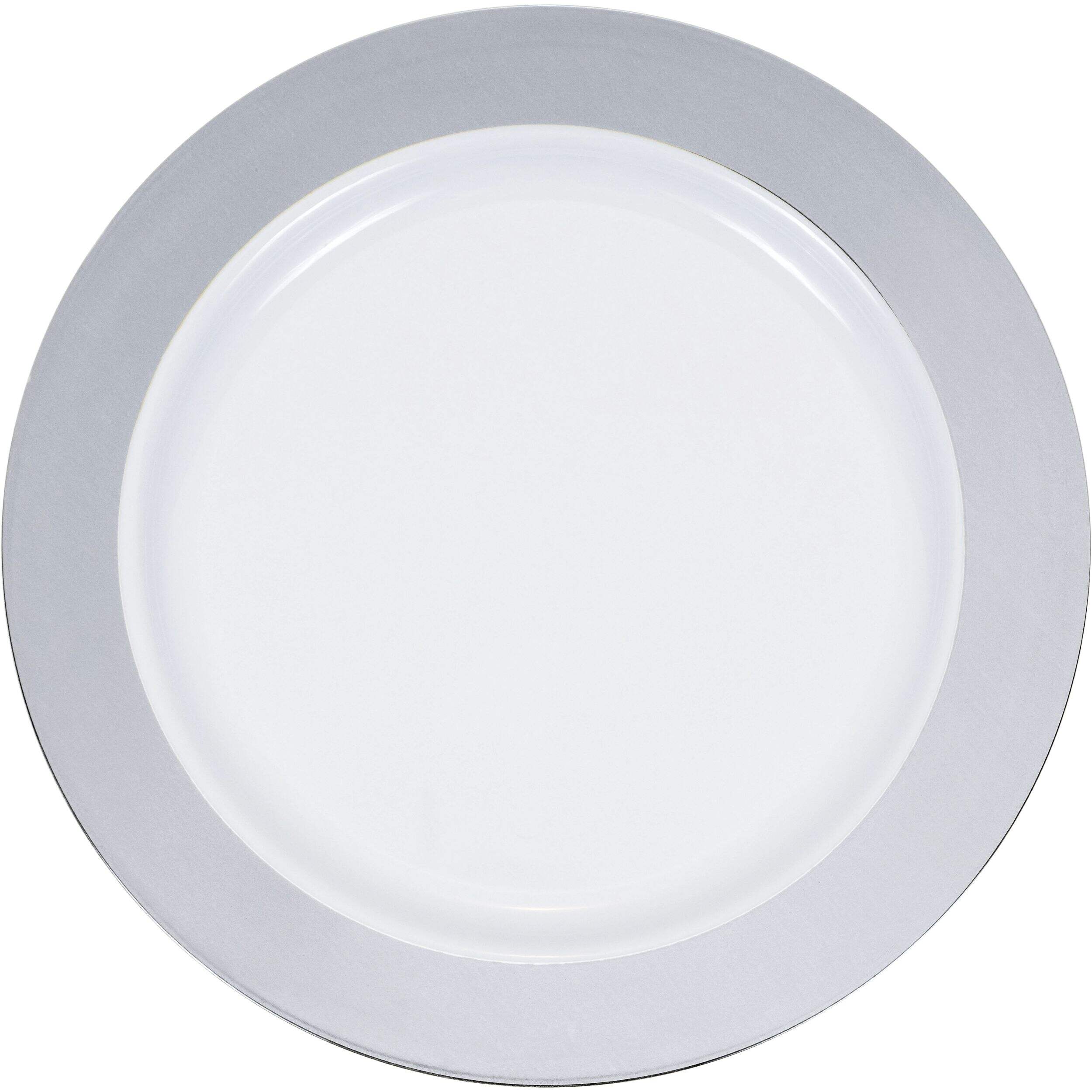 Round Bordered Trimmed Plastic Reusable Lunch Plates, Silver/White, 9-in, 10-pk, for Christmas/Thanksgiving/New Year's Eve/Birthday Party Overhead_Flat