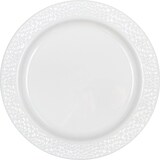 Round Hammered Plastic Reusable Lunch Plates, White, 9-in, 10-pk, for Christmas/Thanksgiving/New Year's Eve/Birthday Party Overhead_Flat