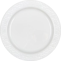 Round Hammered Plastic Reusable Lunch Plates, White, 9-in, 10-pk, for Christmas/Thanksgiving/New Year's Eve/Birthday Party Overhead_Flat