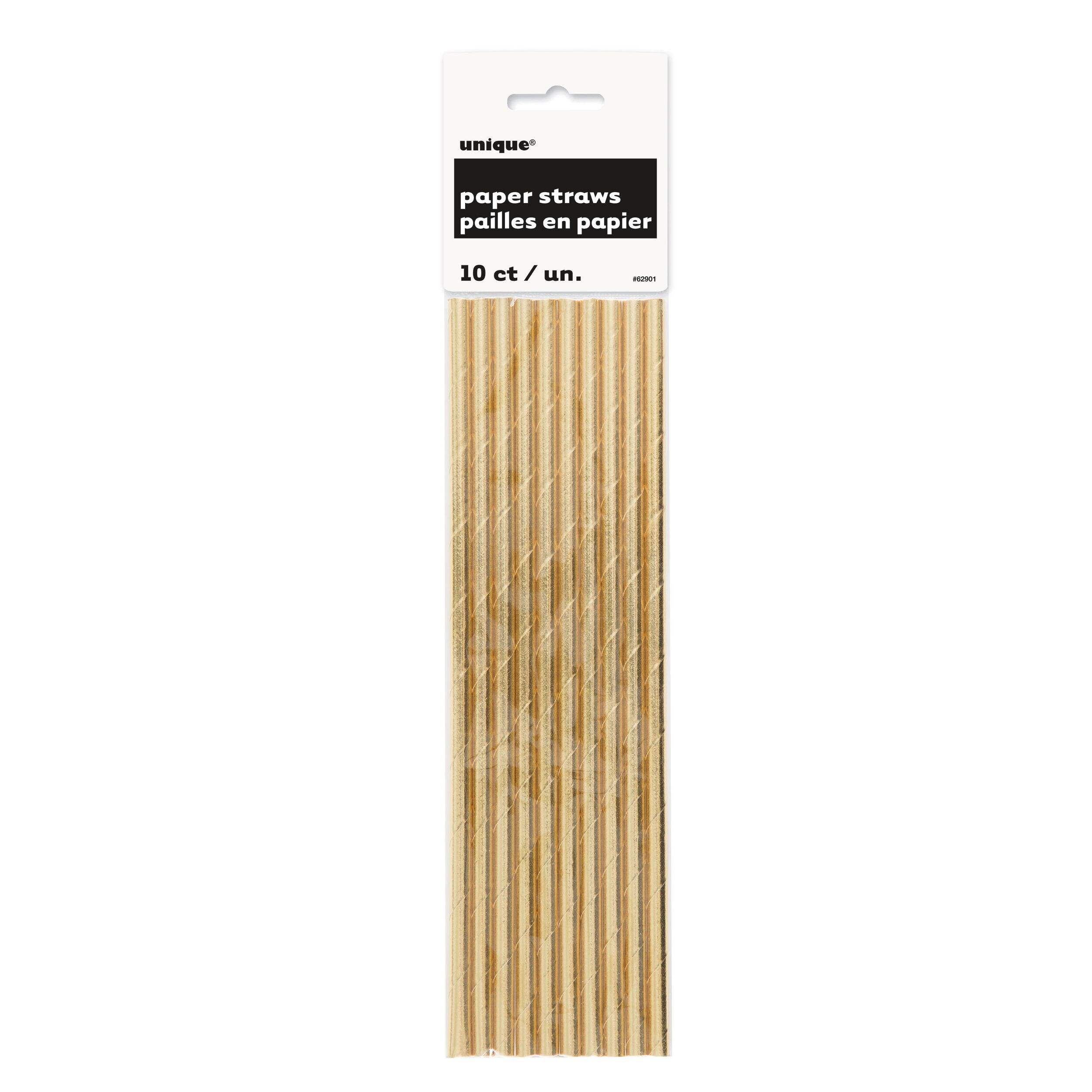 Foil Paper Straws, Gold, 8-in, 10-pk, for Wedding/Engagement/Bridal Shower/Birthday Party Front_Flat