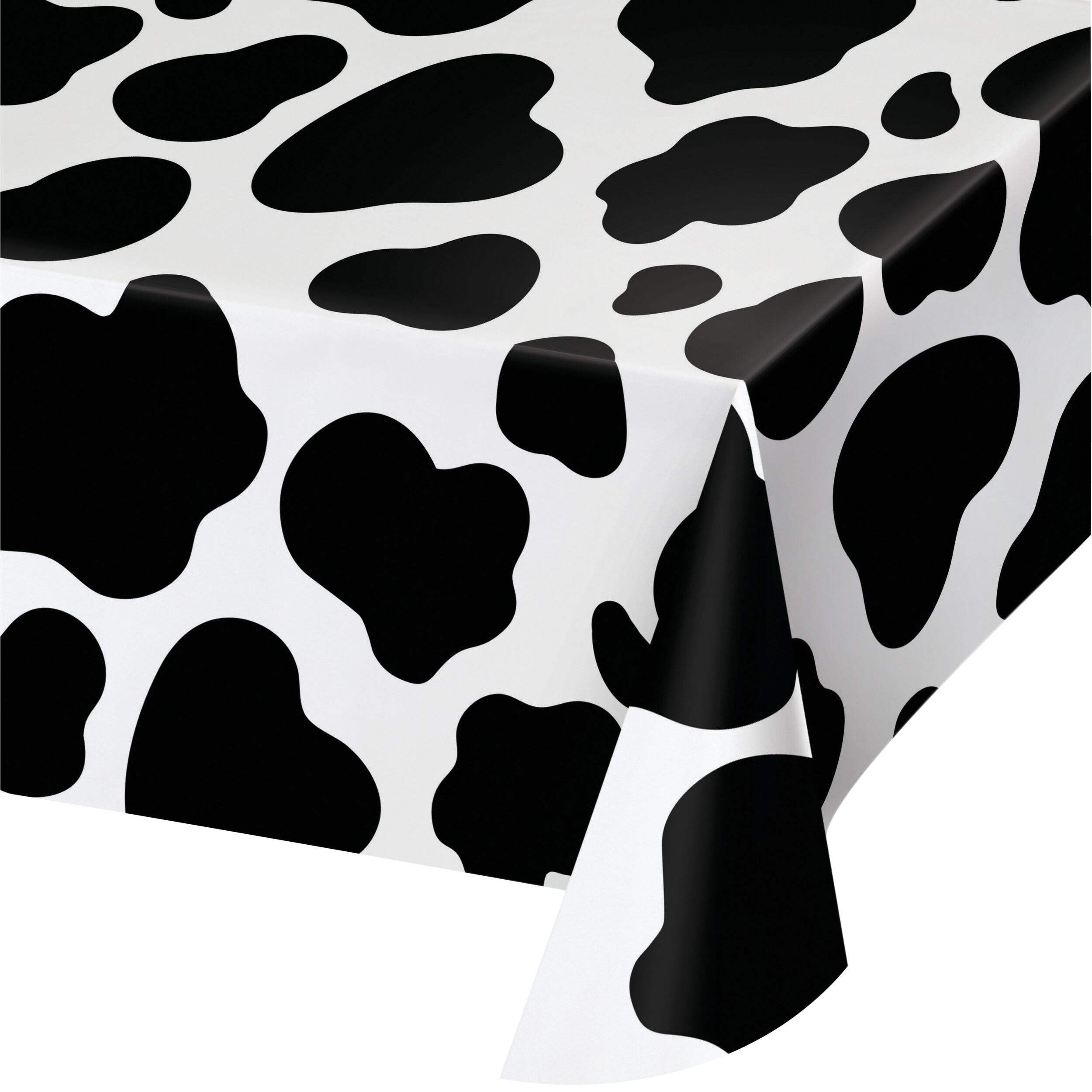 Rectangle Plastic Reusable Table Cover, Black/White, Cow Print, 54x108-in, for Birthday Party CloseUp