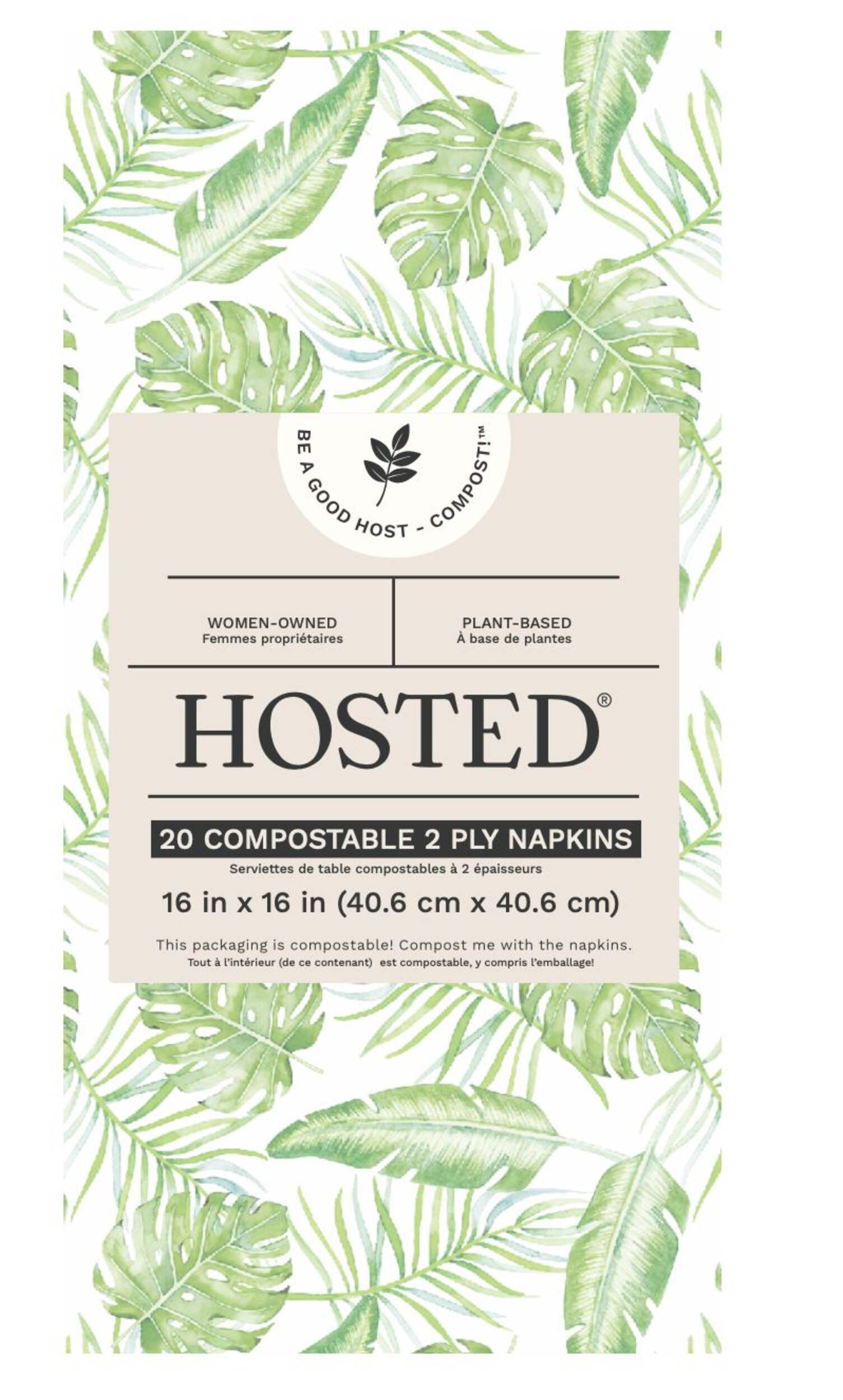 Rectangle Eco Compostable Dinner Napkins, Green/White, Palm Leaves, 16-in, 20-pk, 2-ply, for Summer Party Front_Flat