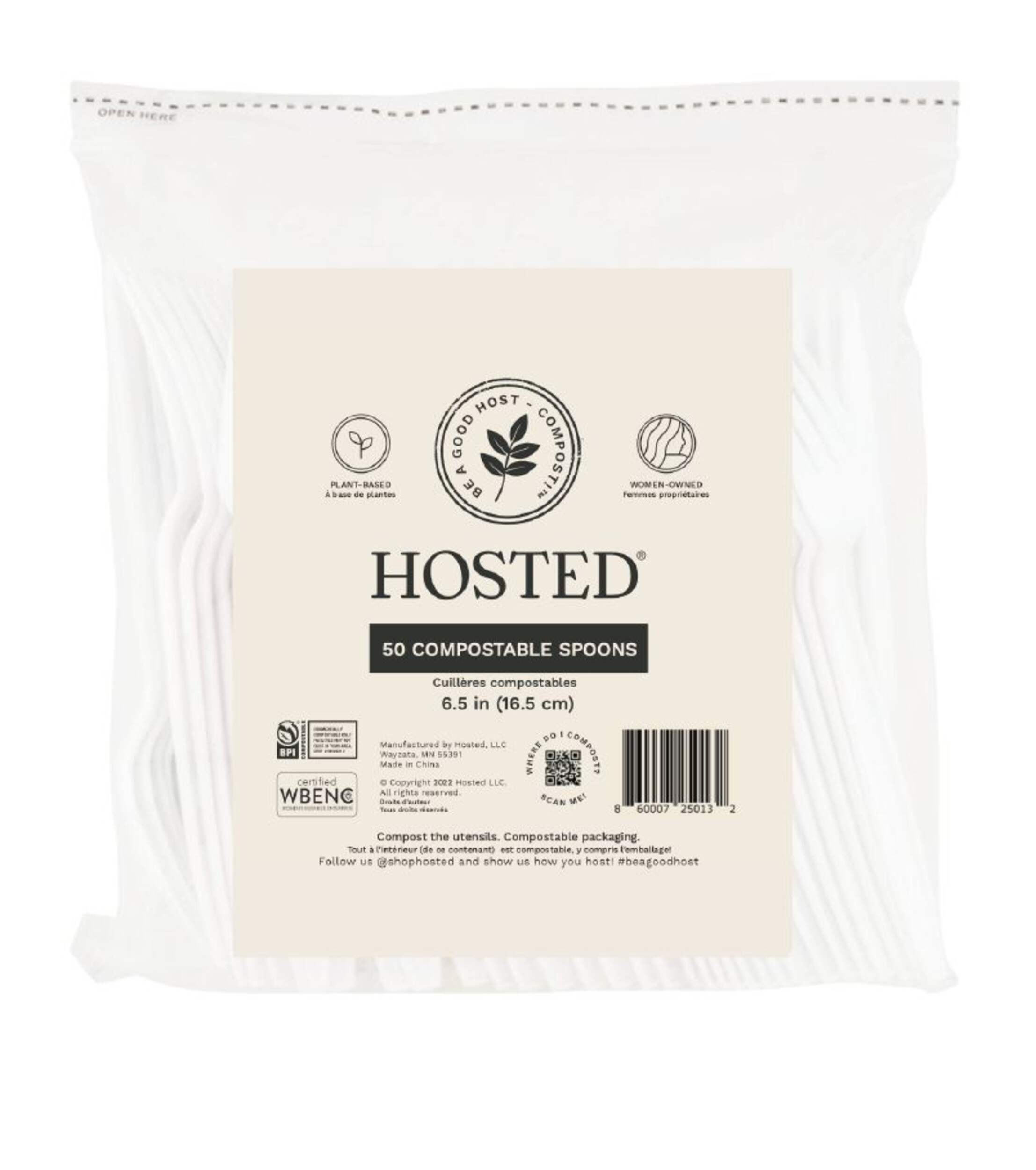 PLA Plastic Eco Compostable Spoons, White, 6.5-in, 50-pk, for Christmas/Thanksgiving/New Year's Eve/Birthday Party Front_Flat