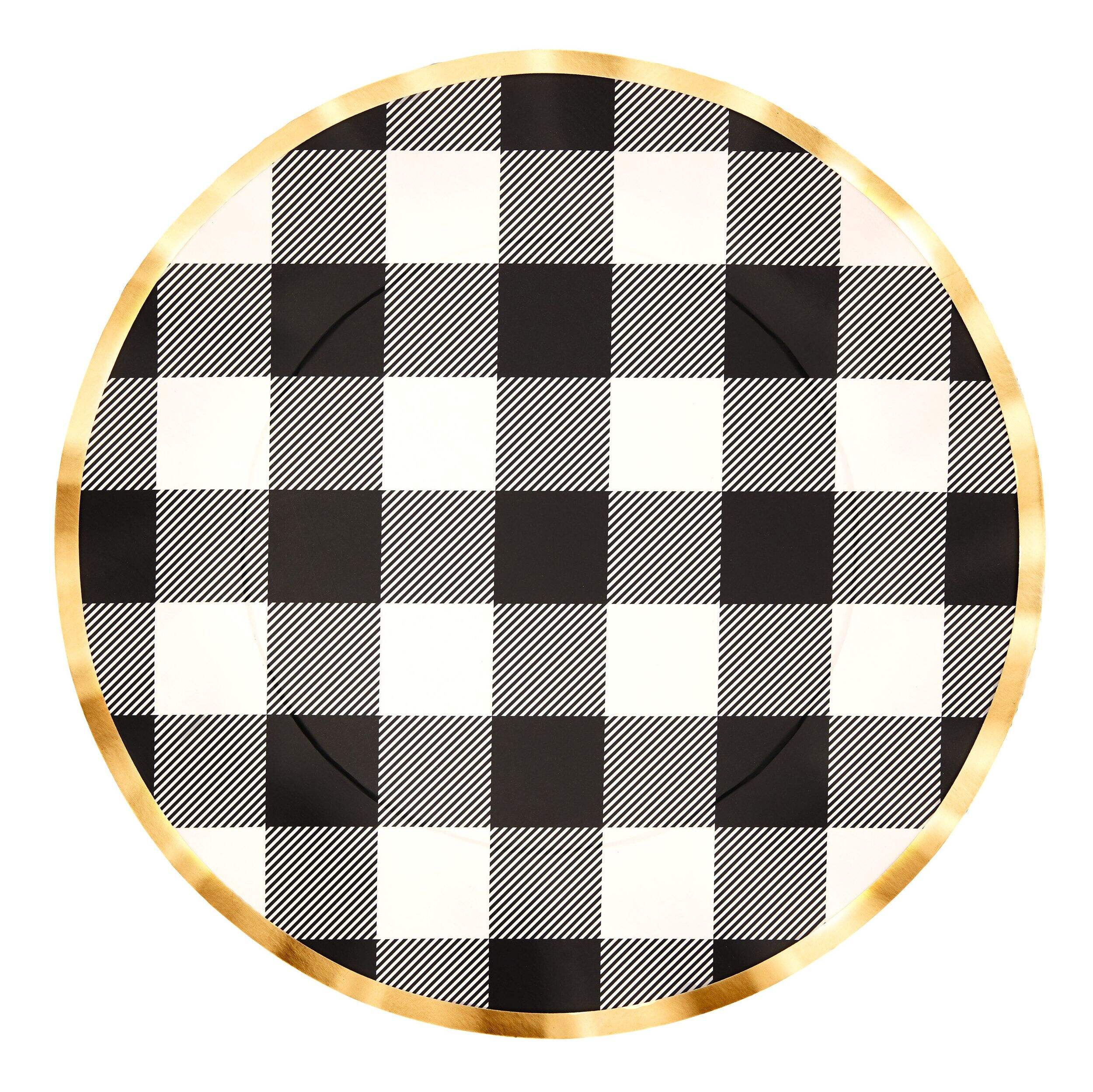 Sophistiplate Buffalo Check Round Bordered Trimmed Paper Disposable Dinner Plates, Black/White, Plaid, 10-in, 8-pk, for Christmas Overhead_Flat