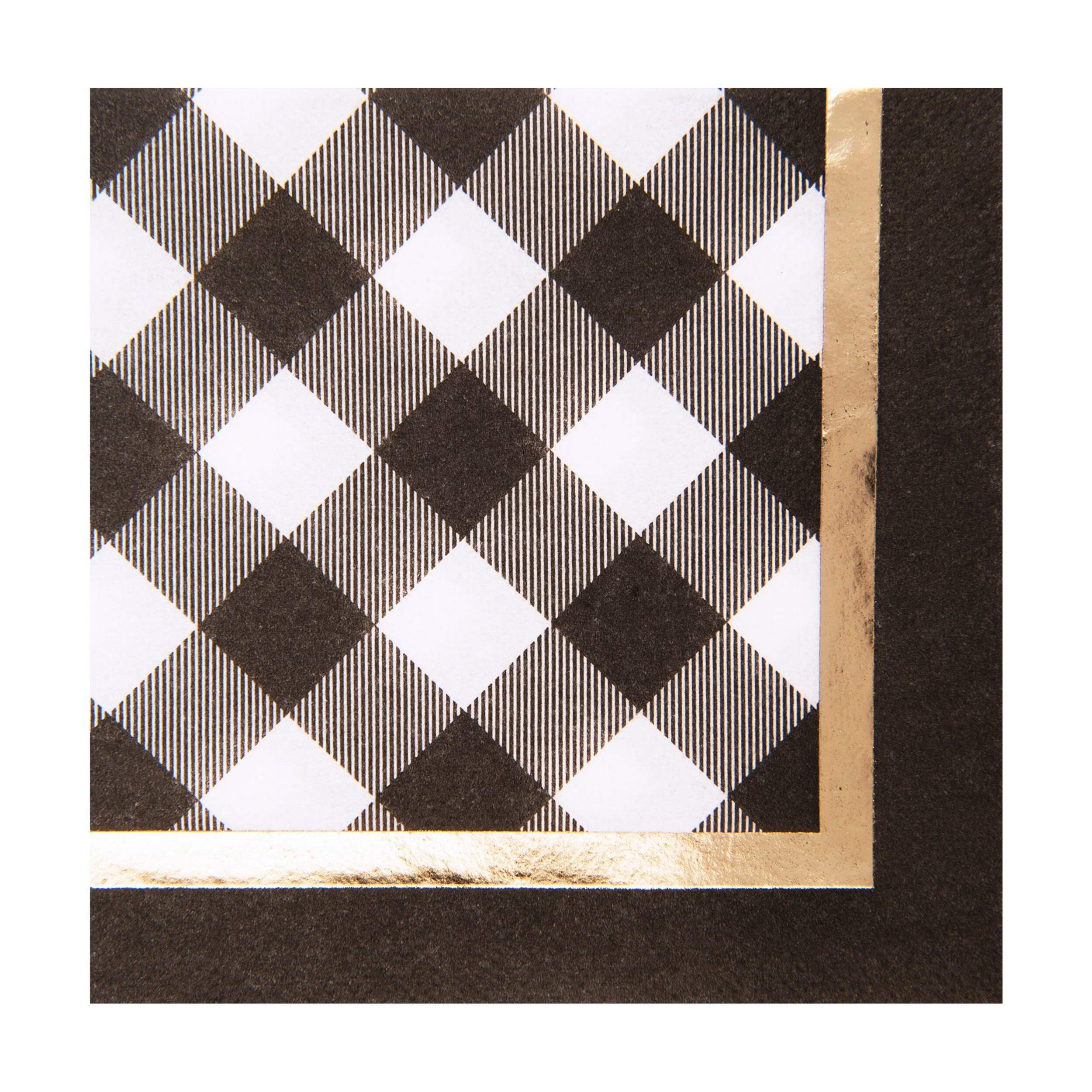 Sophistiplate Buffalo Check Square Paper Disposable Beverage Napkins, Black/White/Gold, Plaid, 5-in, 20-pk, 3-ply, for Christmas Overhead_Flat