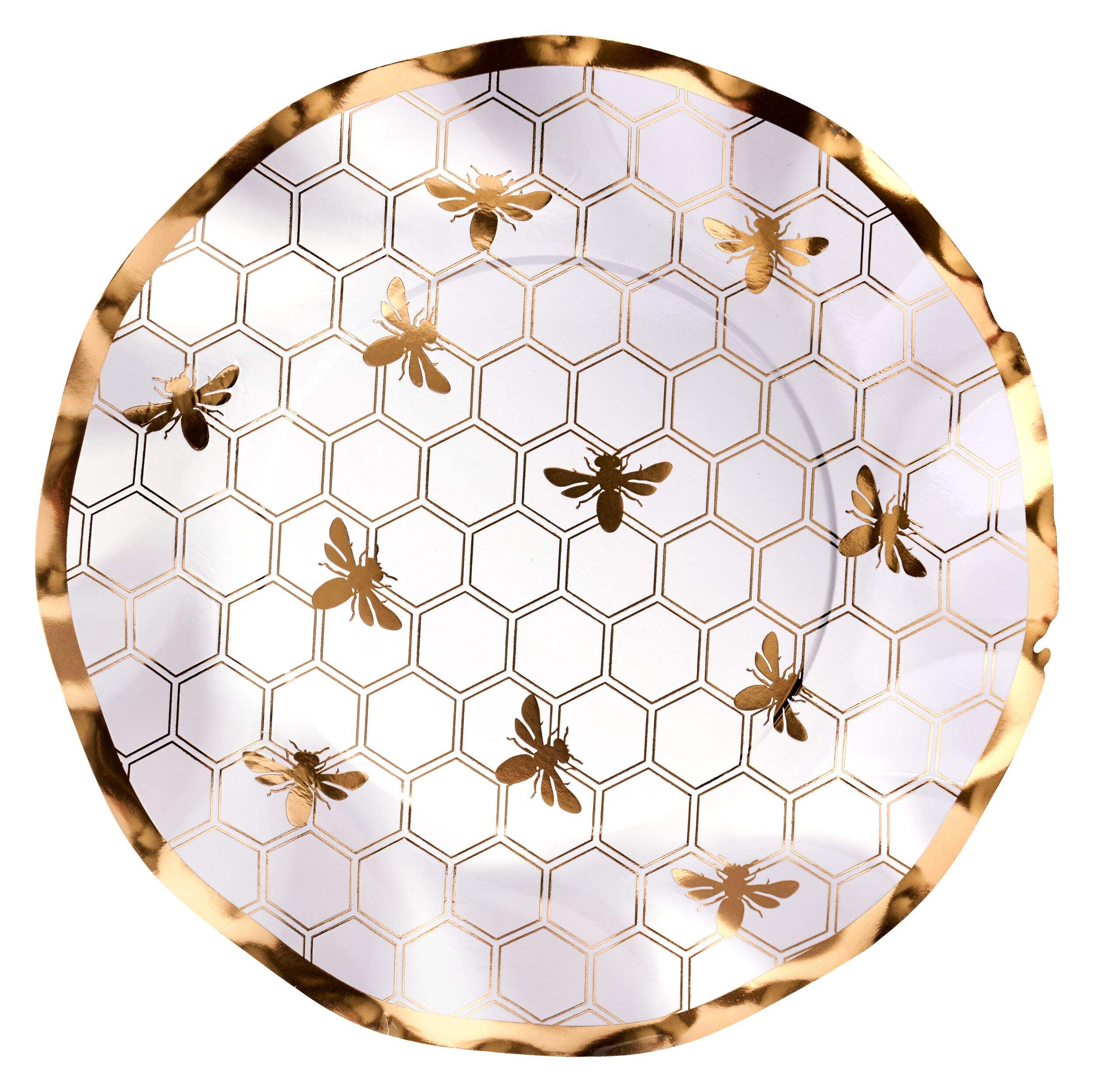 Sophistiplate Honeybee Round Bordered Trimmed Paper Disposable Lunch Plates, White/Gold, 8-in, 8-pk, for Bridal Shower/Brunch/Mother's Day/Easter Overhead_Flat