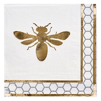 Sophistiplate Honeybee Square Paper Disposable Beverage Napkins, White/Gold, 5-in, 20-pk, 3-ply, for Bridal Shower/Brunch/Mother's Day/Easter Front_Flat
