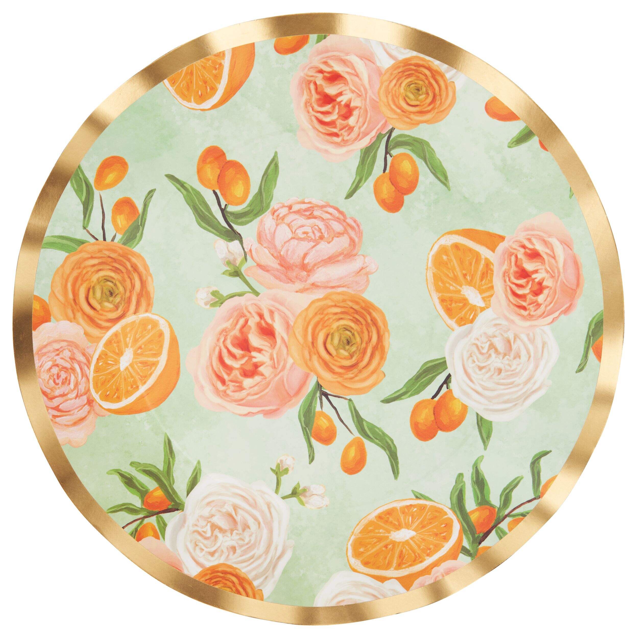 Sophistiplate Mimosa Round Bordered Trimmed Paper Disposable Dinner Plates, Orange/Gold, 10-in, 8-pk, for Bridal Shower/Brunch/Mother's Day/Easter Overhead_Flat