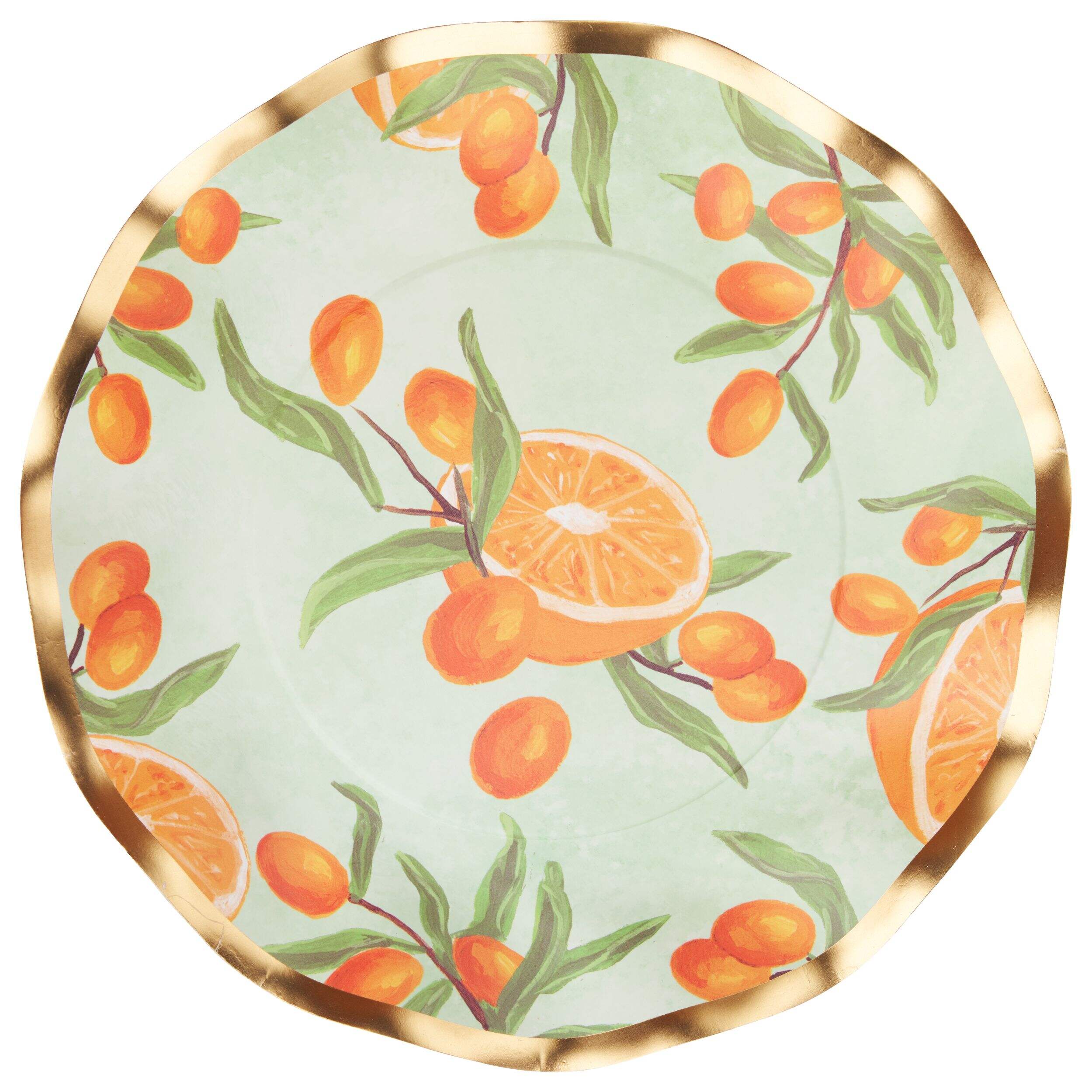 Sophistiplate Mimosa Round Bordered Trimmed Paper Disposable Lunch Plates, Orange/Gold, 8-in, 8-pk, for Bridal Shower/Brunch/Mother's Day/Easter Overhead_Flat