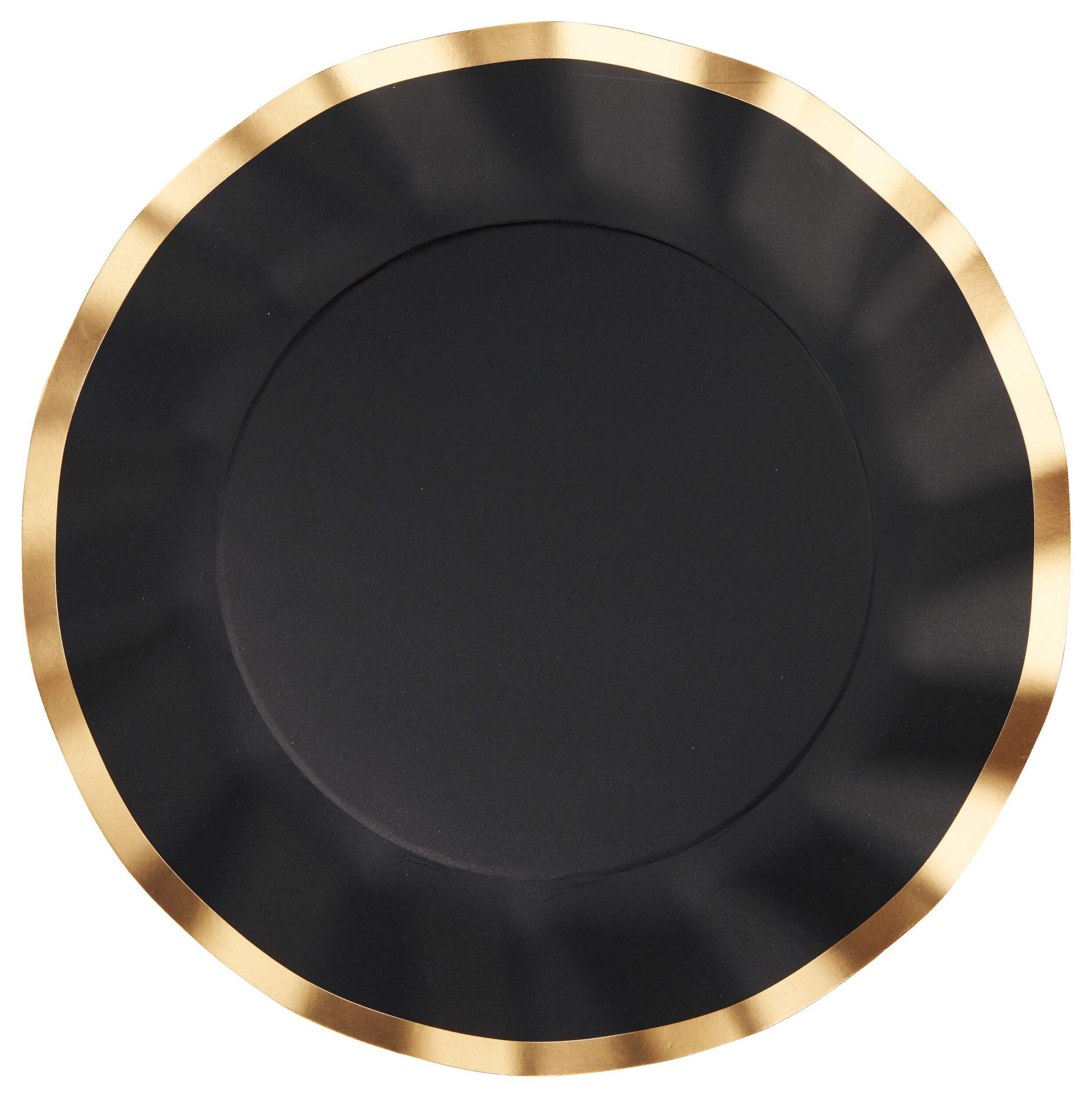 Sophistiplate Round Bordered Trimmed Paper Disposable Dinner Plates, Black/Gold, 10-in, 8-pk, for Christmas/New Year's Eve/Birthday Party Overhead_Flat
