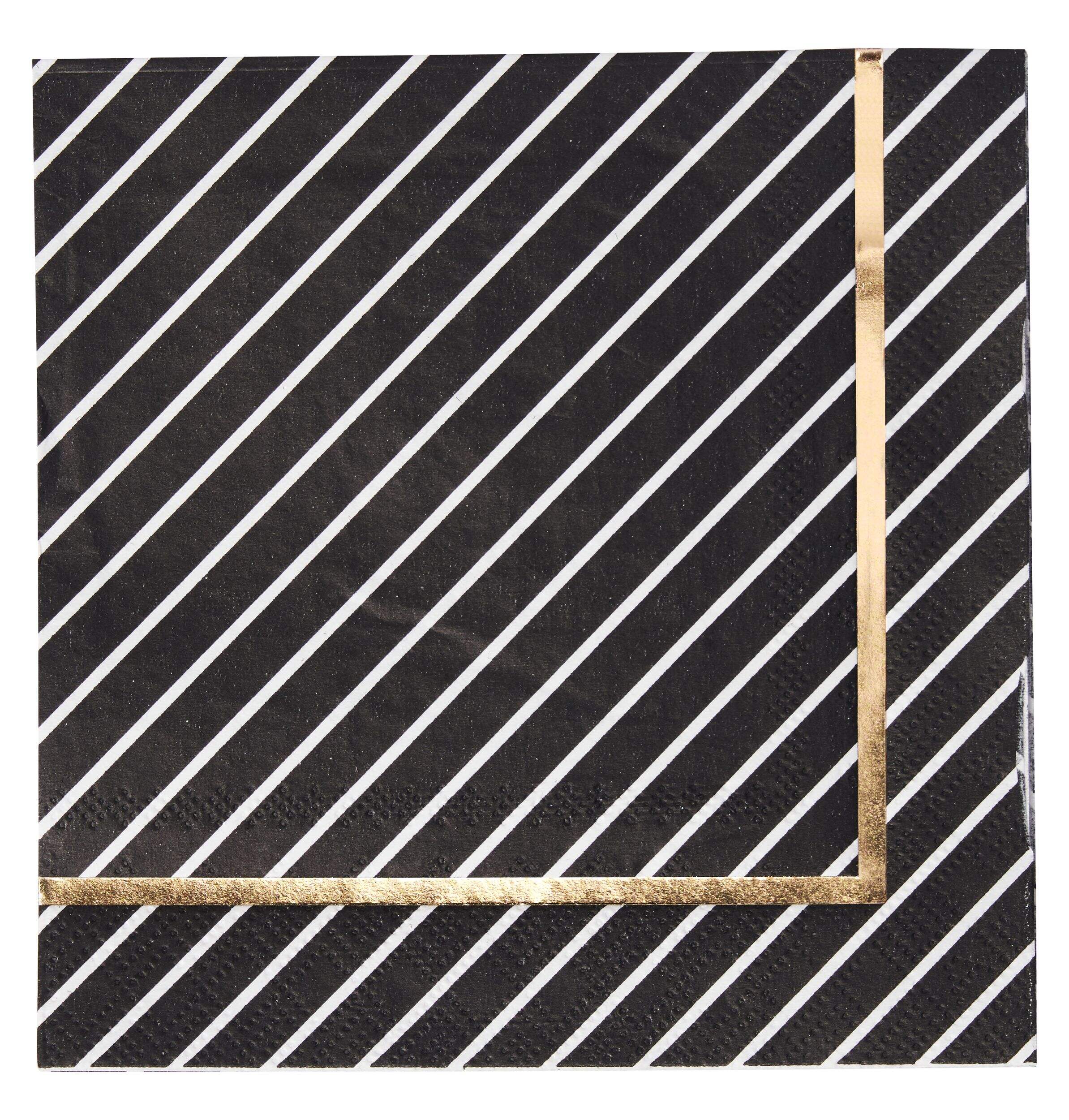 Sophistiplate Square Paper Disposable Beverage Napkins, Black/Gold, Striped, 5-in, 20-pk, 3-ply, for Christmas/New Year's Eve/Birthday Party Overhead_Flat