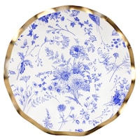Sophistiplate Timeless Round Bordered Trimmed Paper Disposable Lunch Plates, Blue/Gold, Floral, 8-in, 8-pk, for Bridal Shower/Hanukkah/Brunch