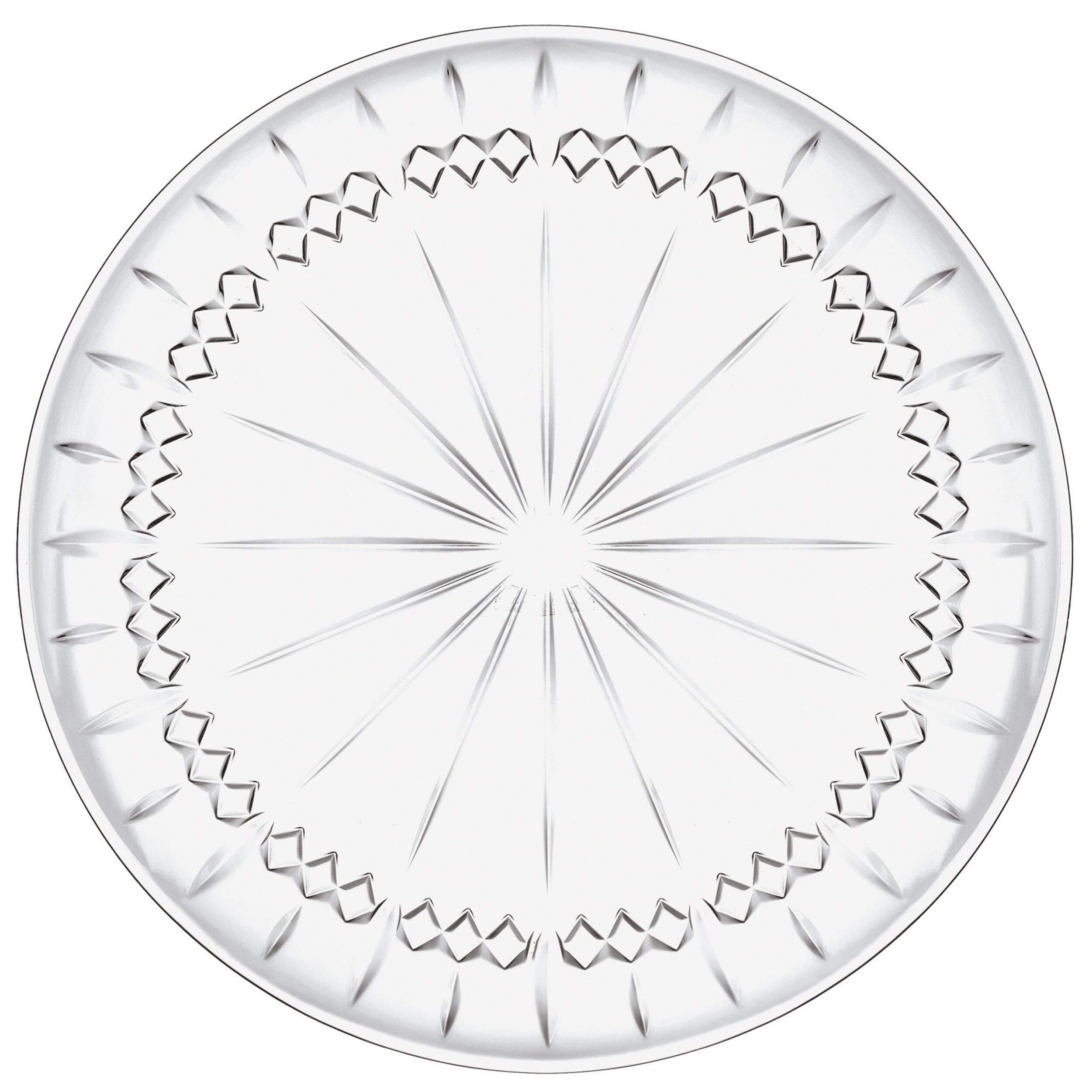 Round Crystal-Cut Plastic Reusable Serving Tray, Clear, 10-in, for Christmas/Thanksgiving/New Year's Eve/Easter/Birthday Party Overhead_Flat
