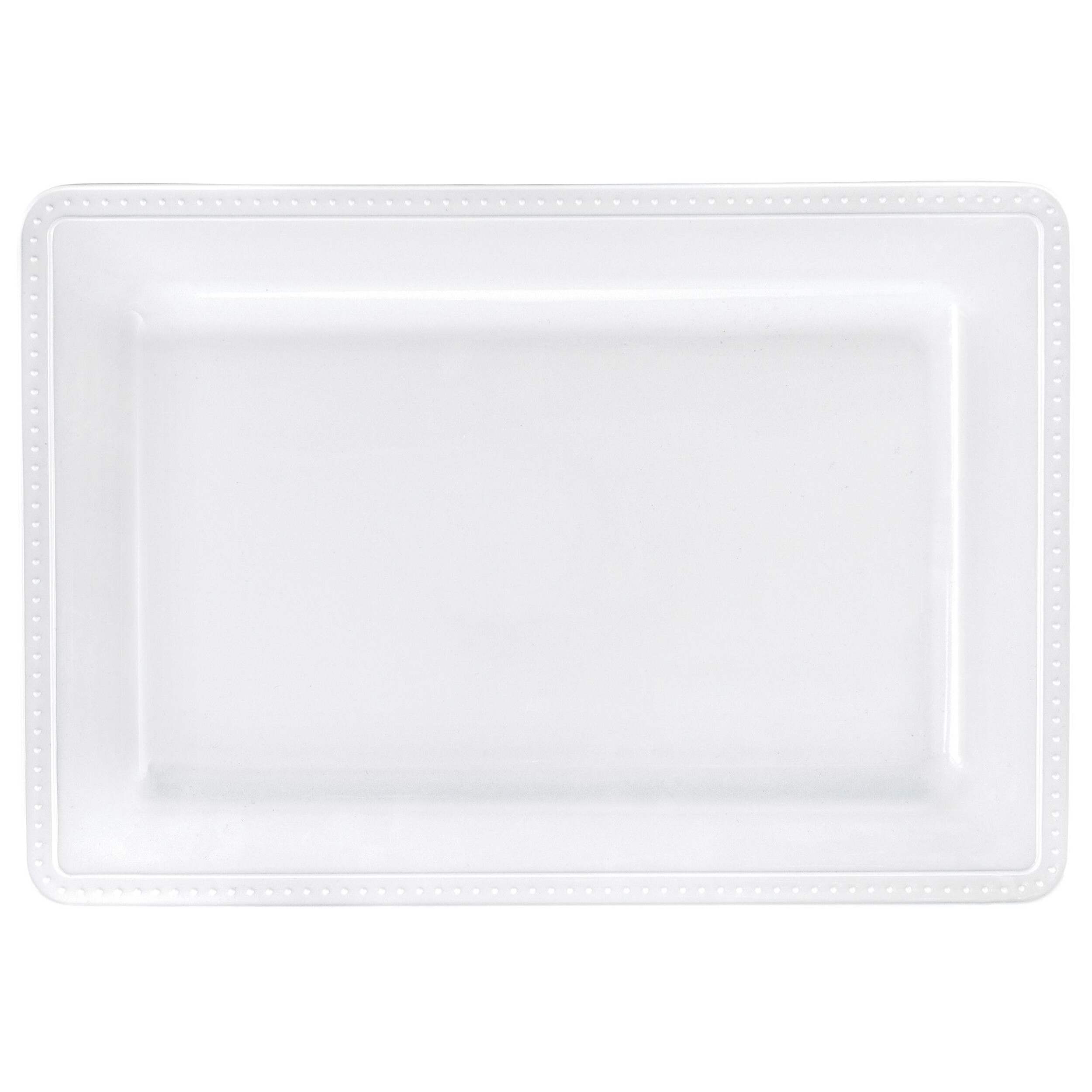 Rectangle Plastic Melamine Reusable Rectangular Serving Platter, White, 16-in, for Christmas/Thanksgiving/New Year's Eve/Easter/Birthday Party Overhead_Flat