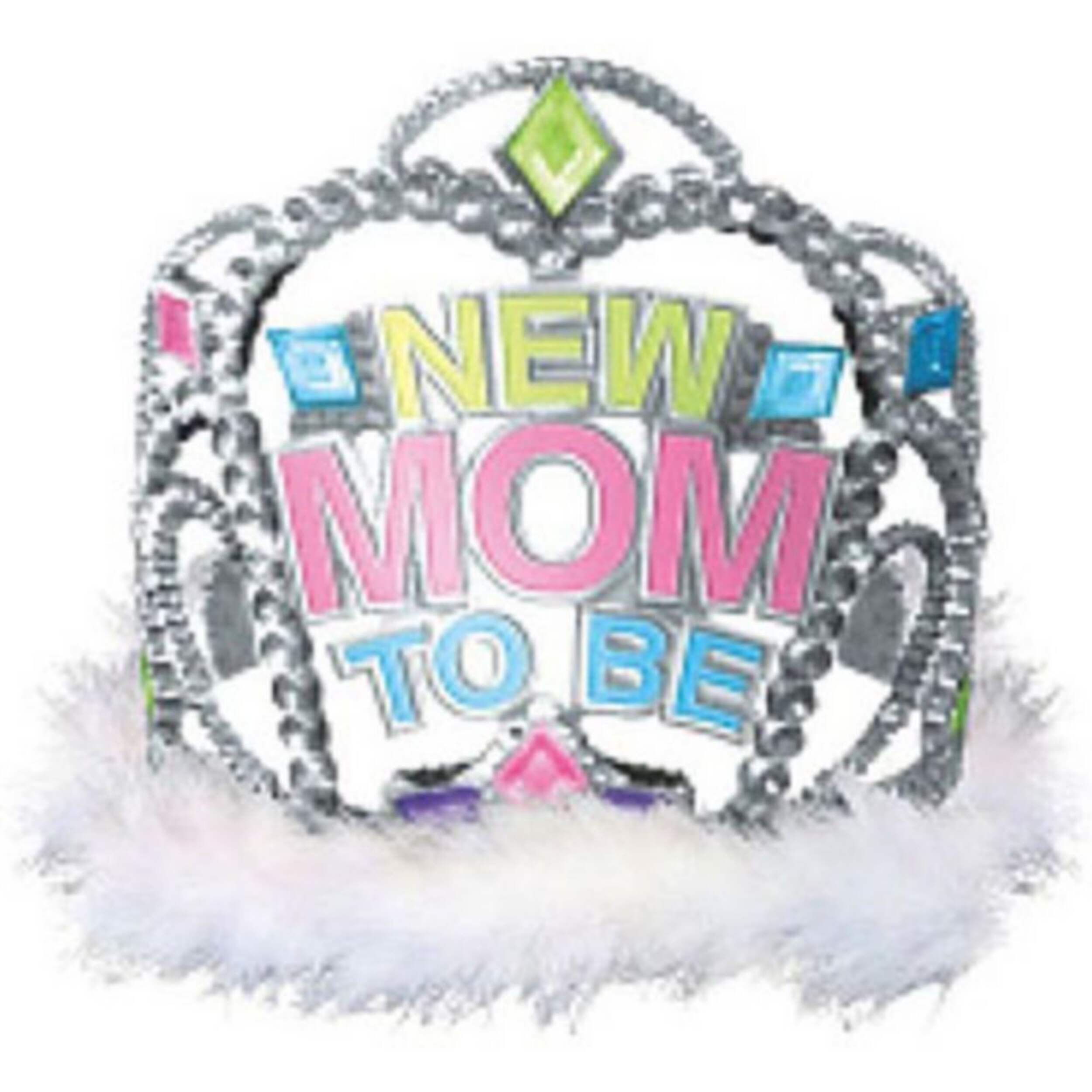 "New Mom To Be" Fur Trim Bejeweled Crown Tiara, Silver Multi-Coloured, One Size, Wearable Accessory for Baby Shower/Gender Reveal Front_Flat