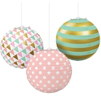 Paper Lantern Hanging Decorations, Pink/Blue, Polka Dot/Striped, 9.5-in, 3-pk, for Birthday/Summer Party Front_Flat