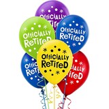 "Officially Retired" Round Latex Balloons, Purple/Yellow/Blue/Red, 12-in, 15-pk, for Retirement Front_Flat