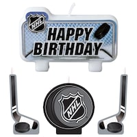 National Hockey League NHL "Happy Birthday" Wax Candle Set, Blue/Black, 4.5-in, 4-pk, for Sports Party Front_Flat