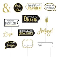 "Mr & Mrs" Photo Booth Sign Props, Black/Gold, 7-in, 13-pk, for Engagement/Wedding Front_Flat