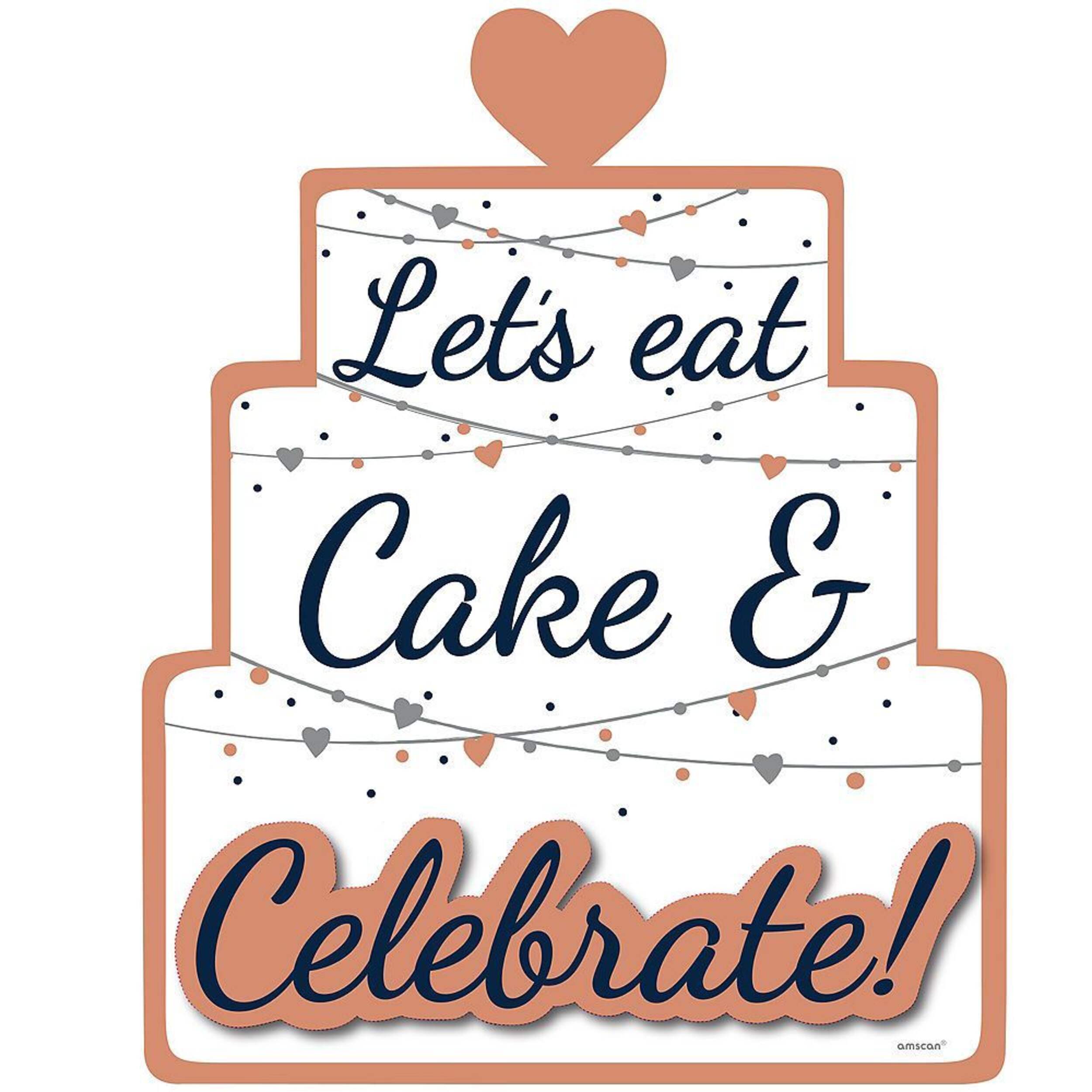 Navy Love "Let's Eat Cake & Celebrate" Hanging Sign Decoration, Rose Gold/Navy, 14-in, for Anniversary/Wedding/Engagement Front_Flat