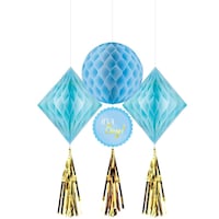 "It's a Boy" Honeycomb Hanging Decorations, Gold/Blue, 19-in, 3-pk, for Gender Reveal/Baby Shower Front_Flat