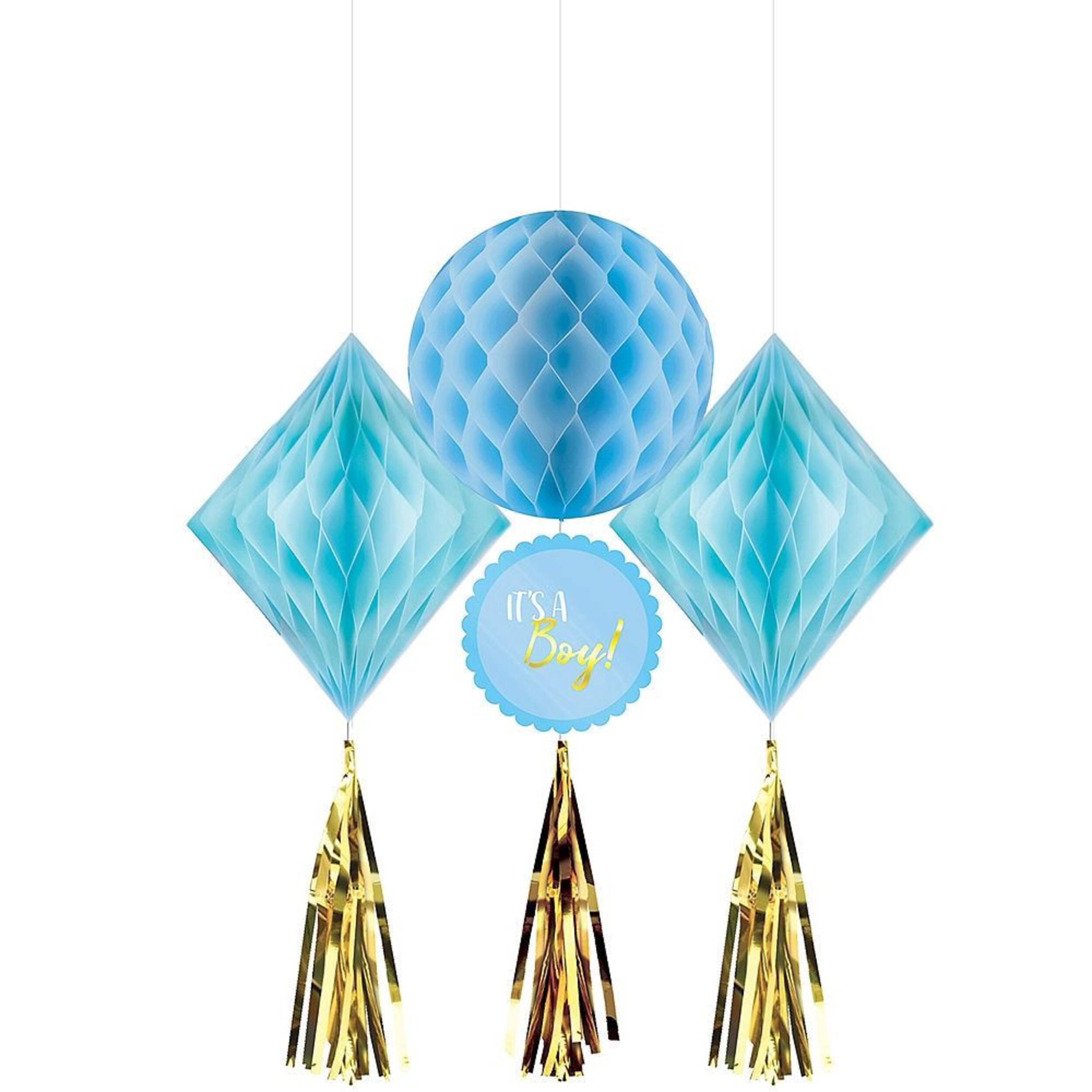 Décorations alvéolées It's A Boy, bleu et or métallique, paq. 3 Front_Flat