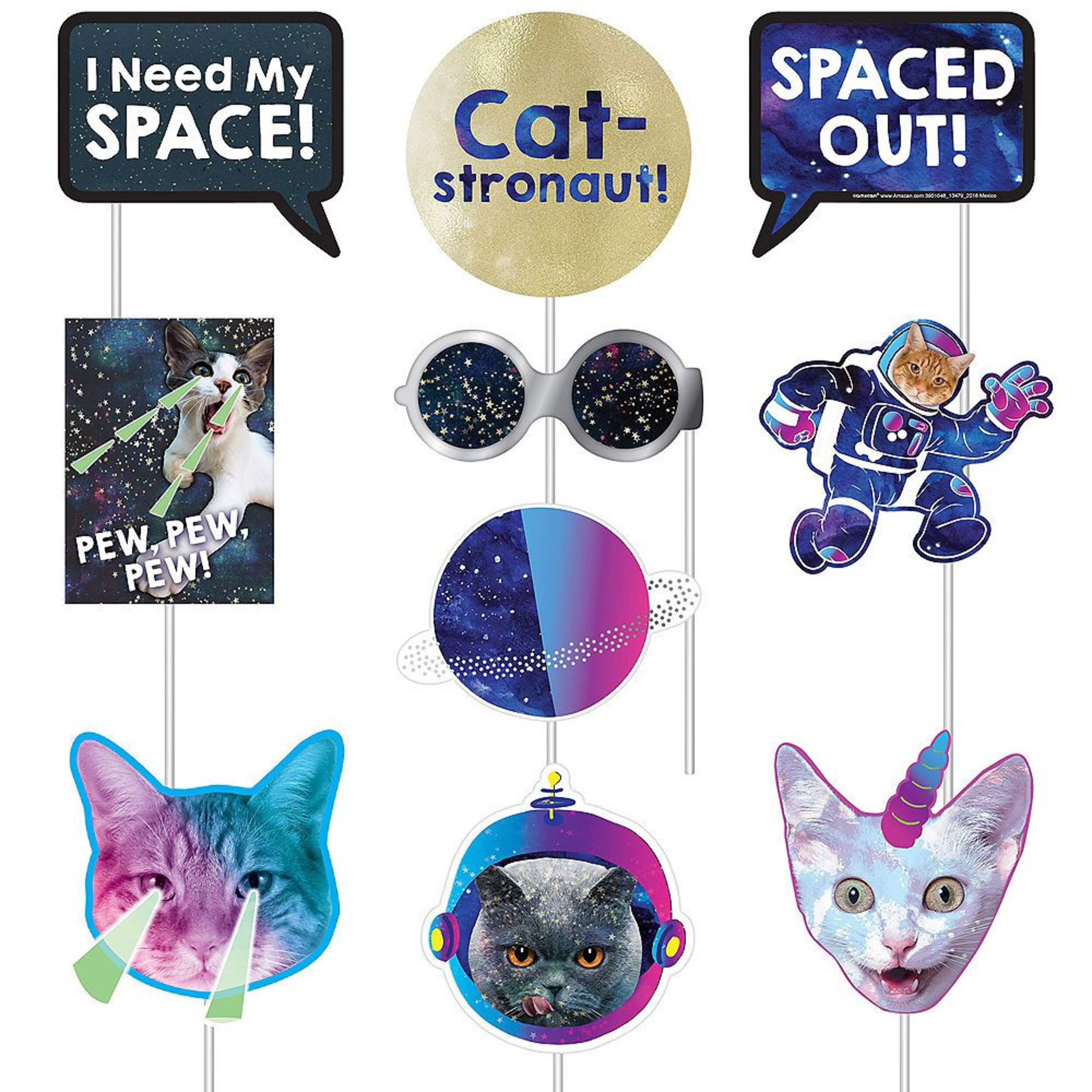 "Spaced Out" Cat Photo Booth Sign Props, Blue, 14-in, 13-pk, for Birthday Party Front_Flat