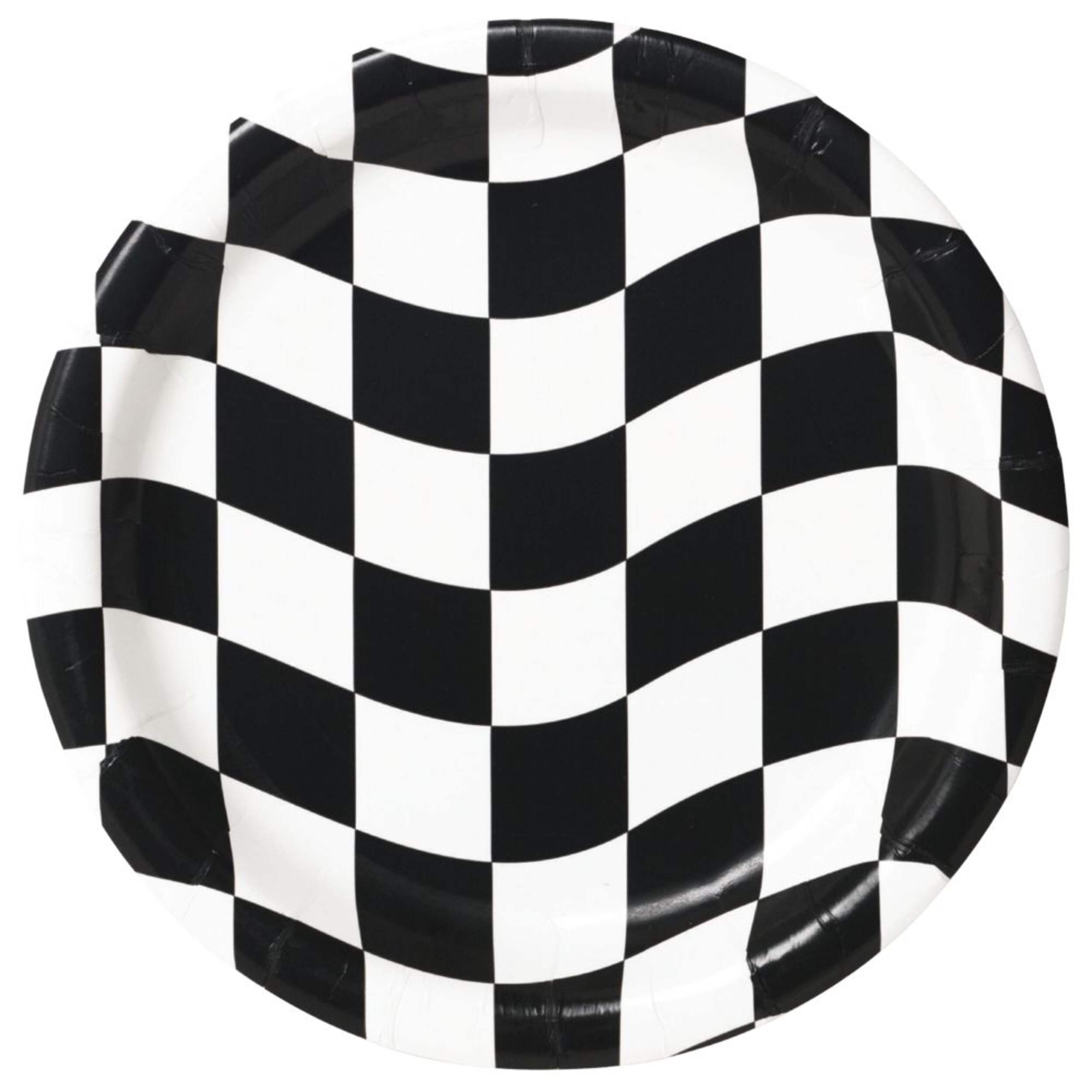 Racing Round Paper Disposable Dessert Plates, Black/White, Checkered Flag Party Plates, 7-in, 8-pk, for Birthday Party Overhead_Flat