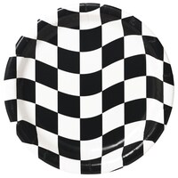 Racing Round Paper Disposable Lunch Plates, Black/White, Checkered, 9-in, 8-pk, for Sports Party Overhead_Flat