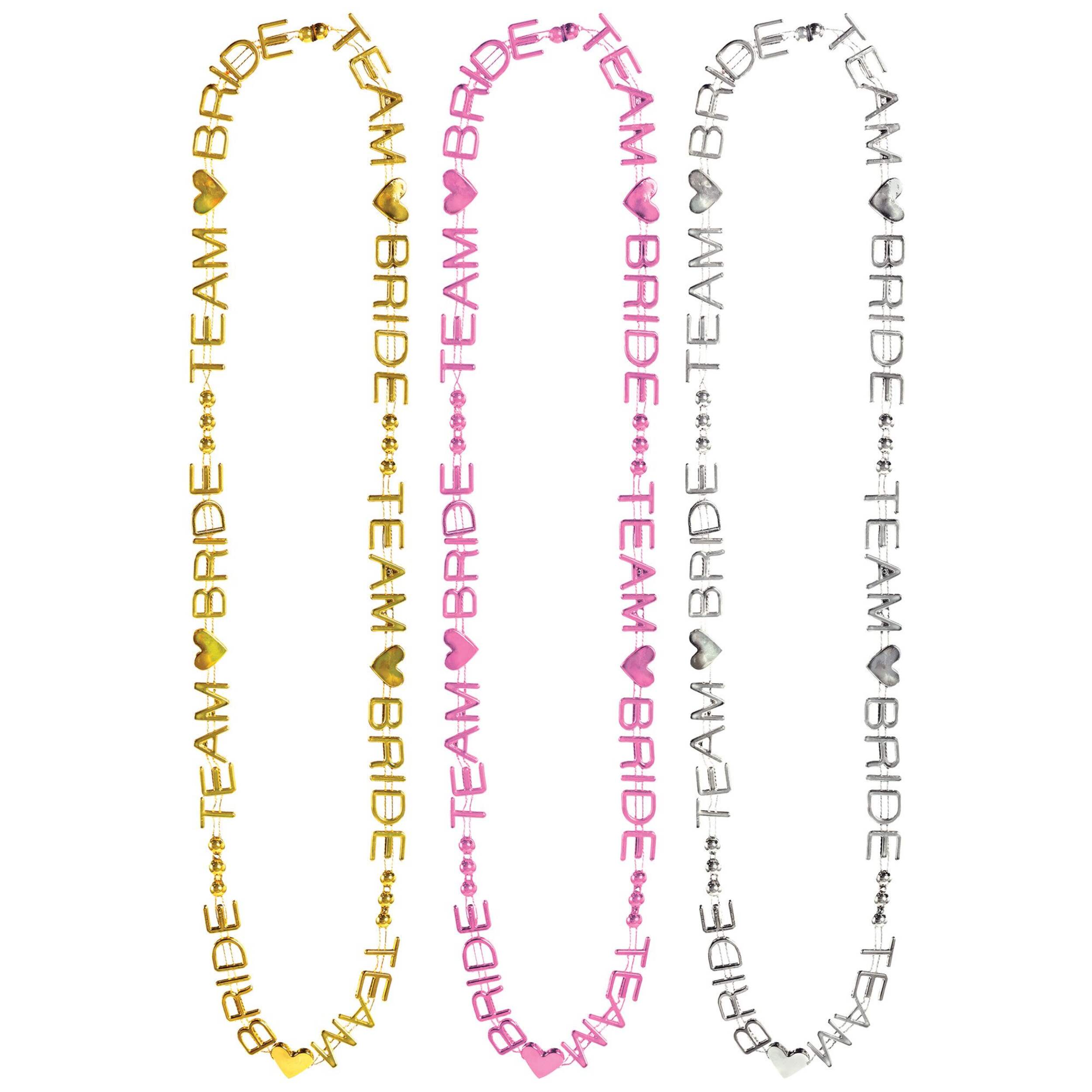 Team Bride Word Beaded Necklaces Jewelry, Gold/Silver/Pink, 18-in, 6-pk, Wearable Accessories for Bachelorette Party/Wedding Shower Front_Flat