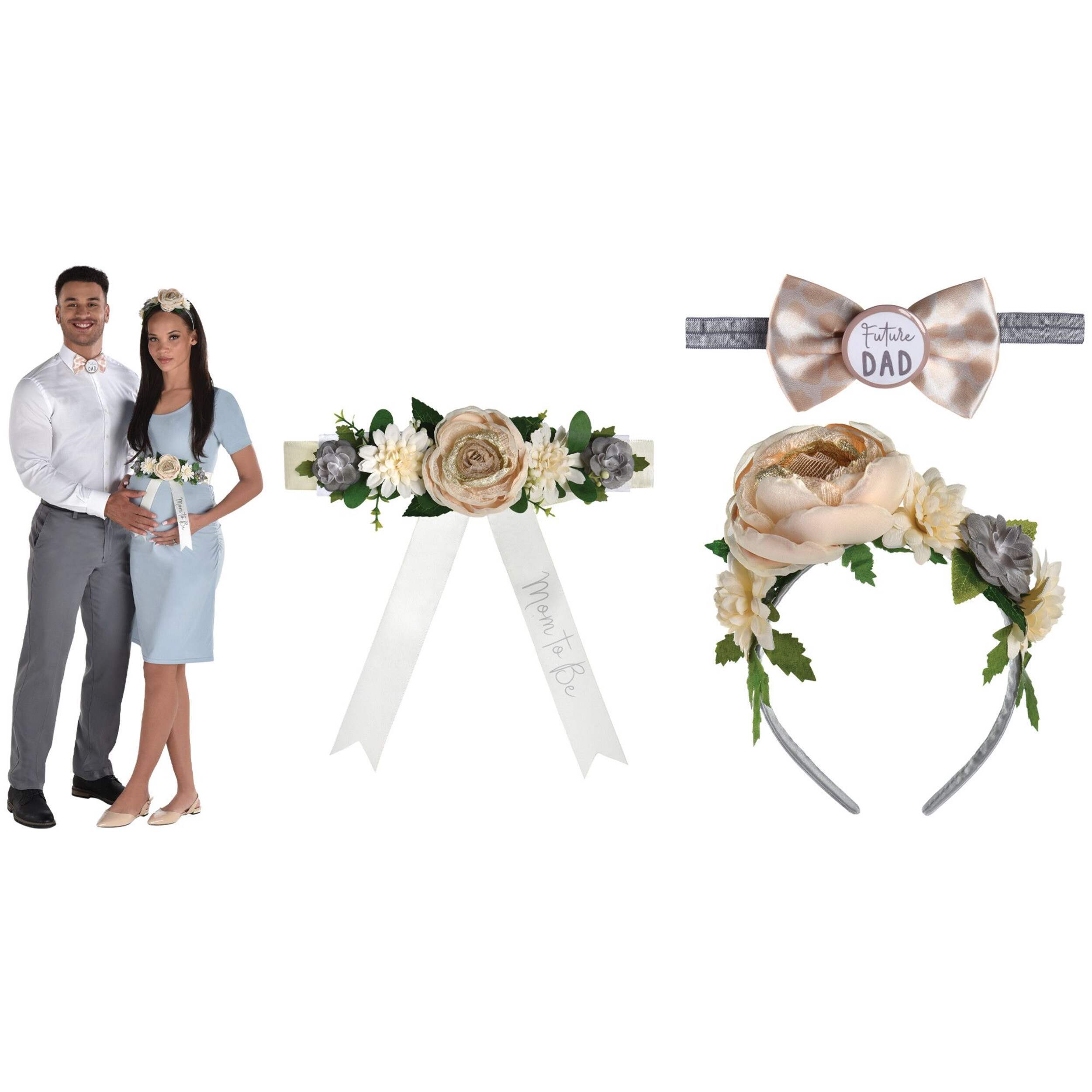 "Future Mom" & "Future Dad" Flower Floral Kit with Sash, Tie & Headband, Rose Gold/Green, One Size, 3-pk, Wearable Accessories for Baby Shower/Gender Reveal Front_Flat