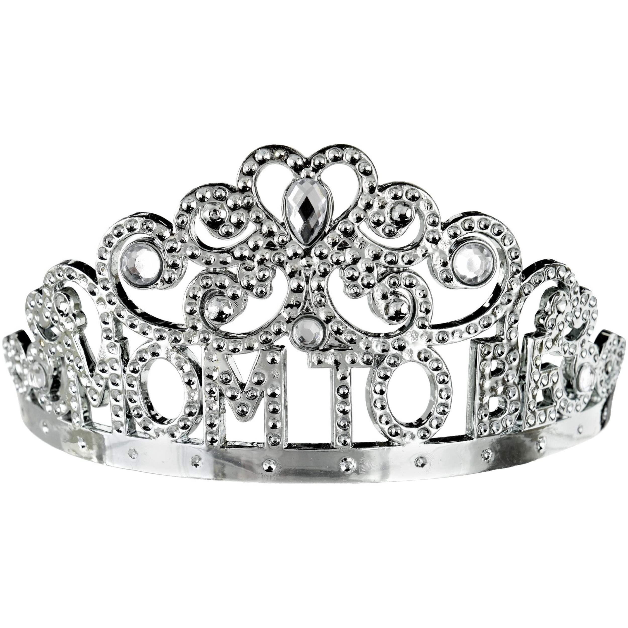 Mom To Be Bejeweled Crown Tiara, Silver, One Size, Wearable Baby Shower Tiara for Gender Reveal Front_Flat